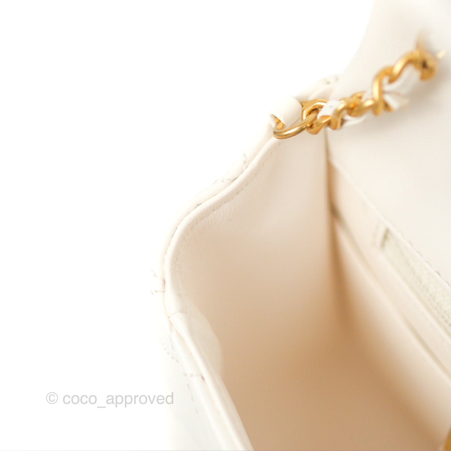 Chanel Mini Flap Bag with Coco Heart Chain White Lambskin Aged Gold Hardware