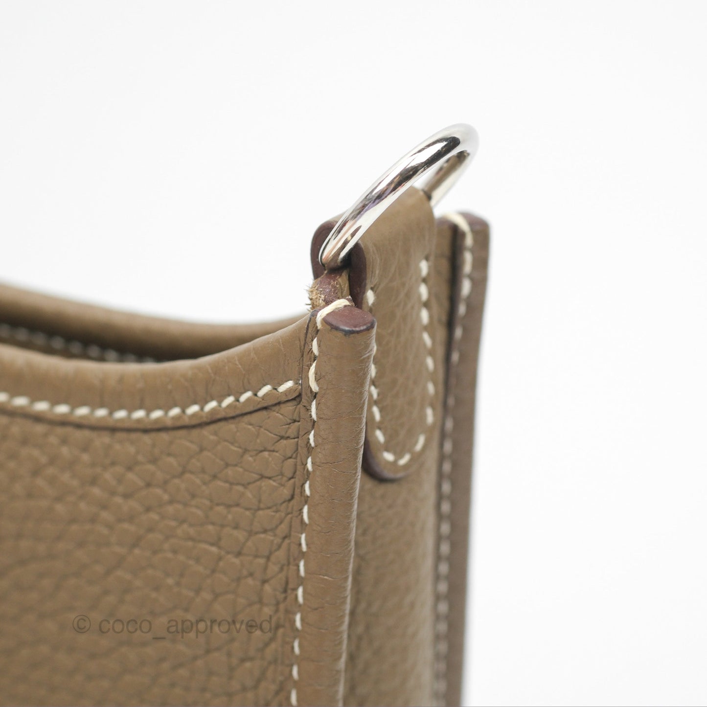Hermès Mini Evelyne Etoupe Clemence Palladium Hardware with Bleu Indigo Strap