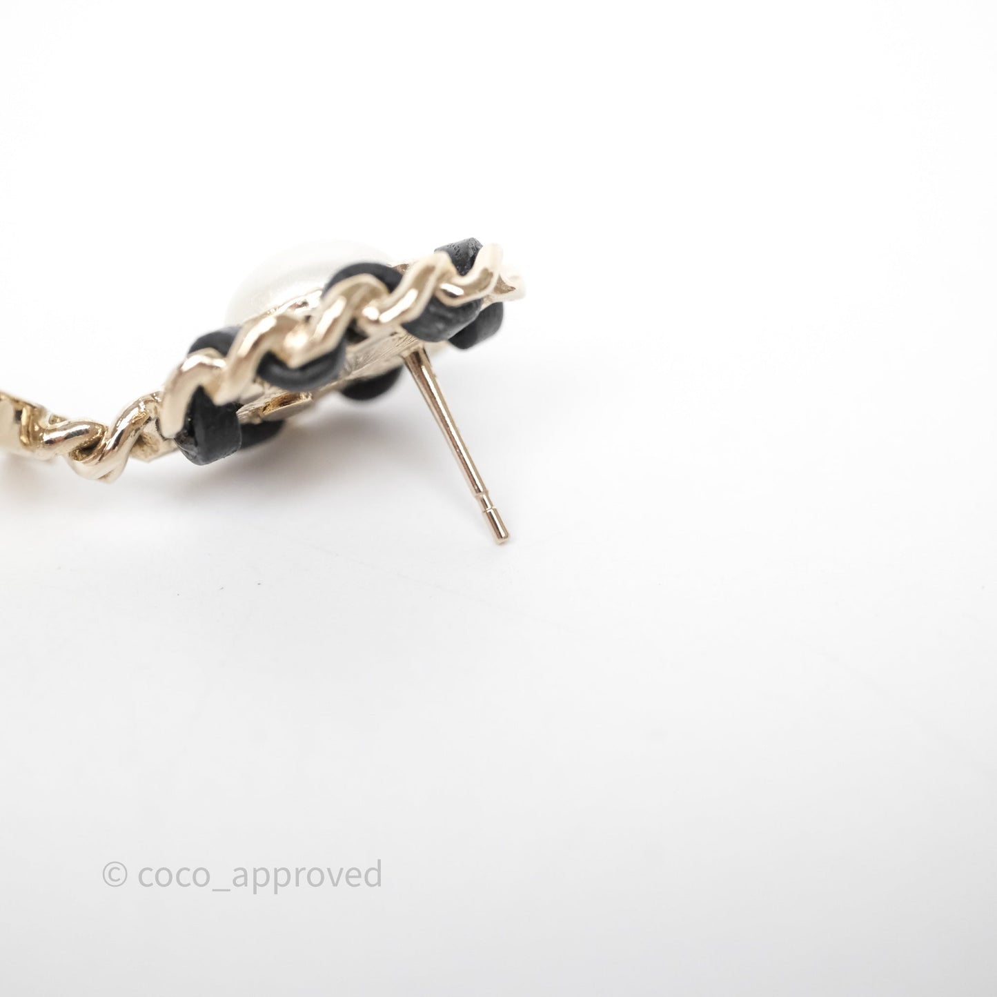 Chanel Oval Pearl Braided Black Leather Drop Crystal CC Earrings Gold Tone 21B