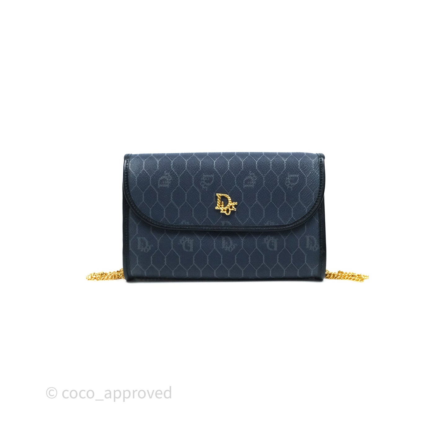 Christian Dior Vintage Honeycomb Flap Bag Navy Gold Hardware