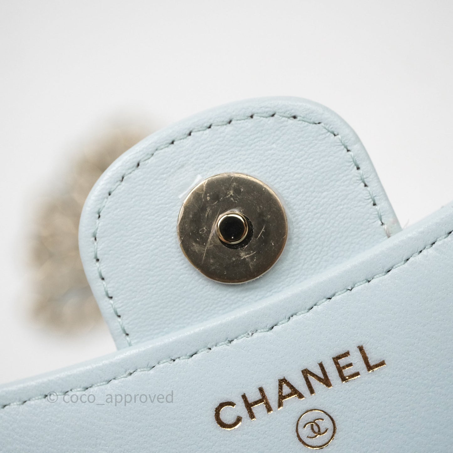 Chanel Mini Handle Flap Coin Purse With Chain Light Blue Lambskin Gold Hardware