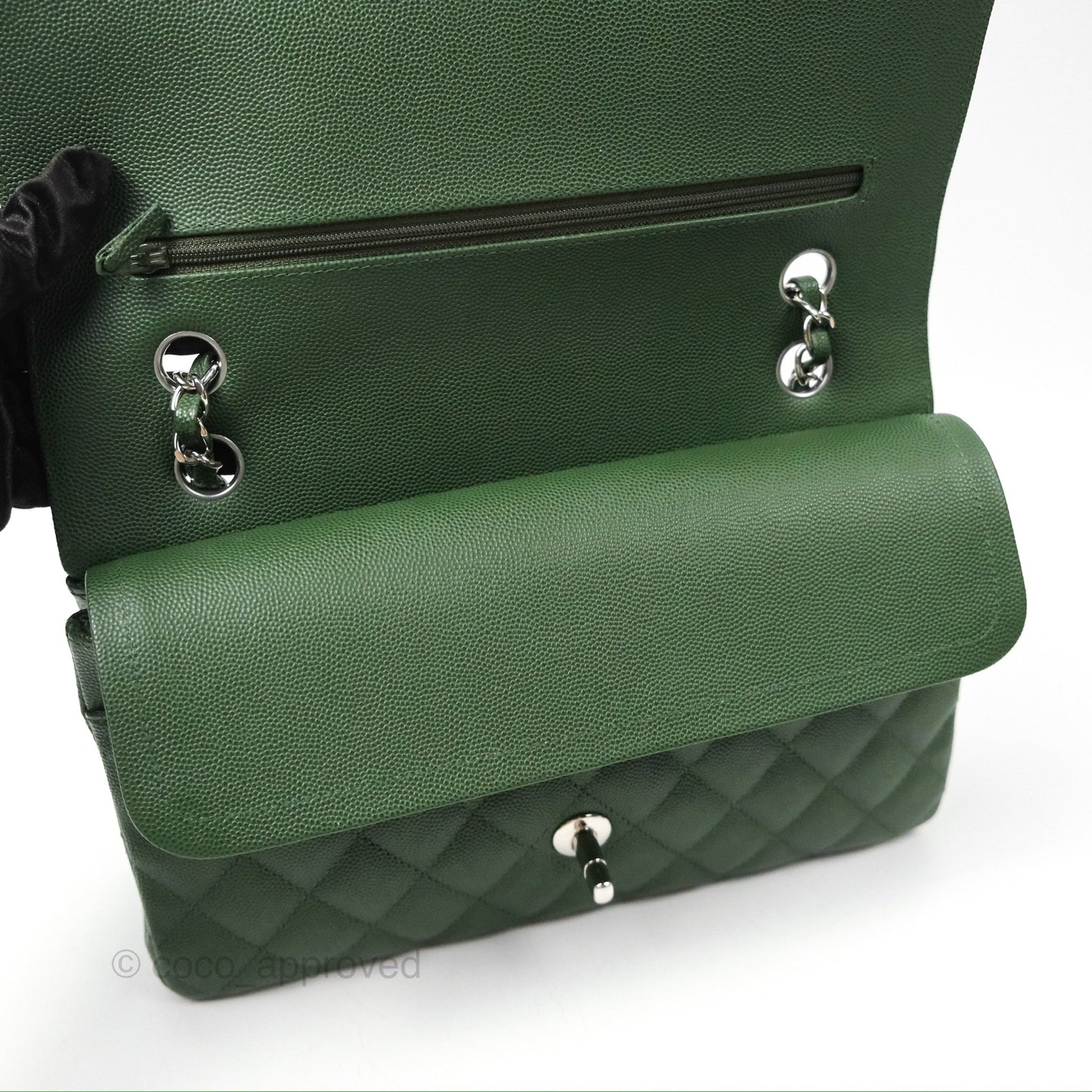 Chanel Classic M/L Medium Flap Quilted Dark Green Caviar Silver Hardware