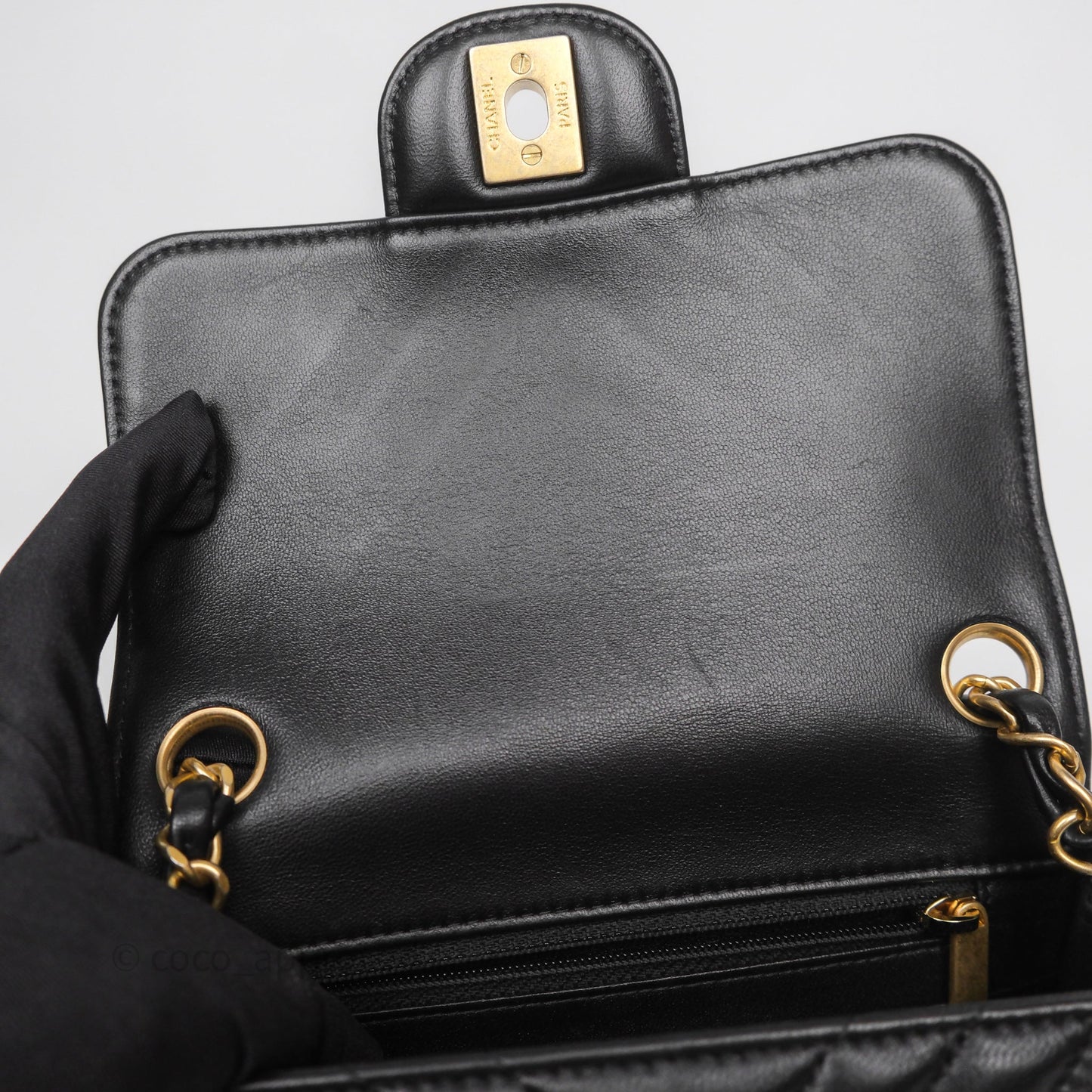 Chanel Mini Square Flap Chevron Black Lambskin Aged Gold Hardware
