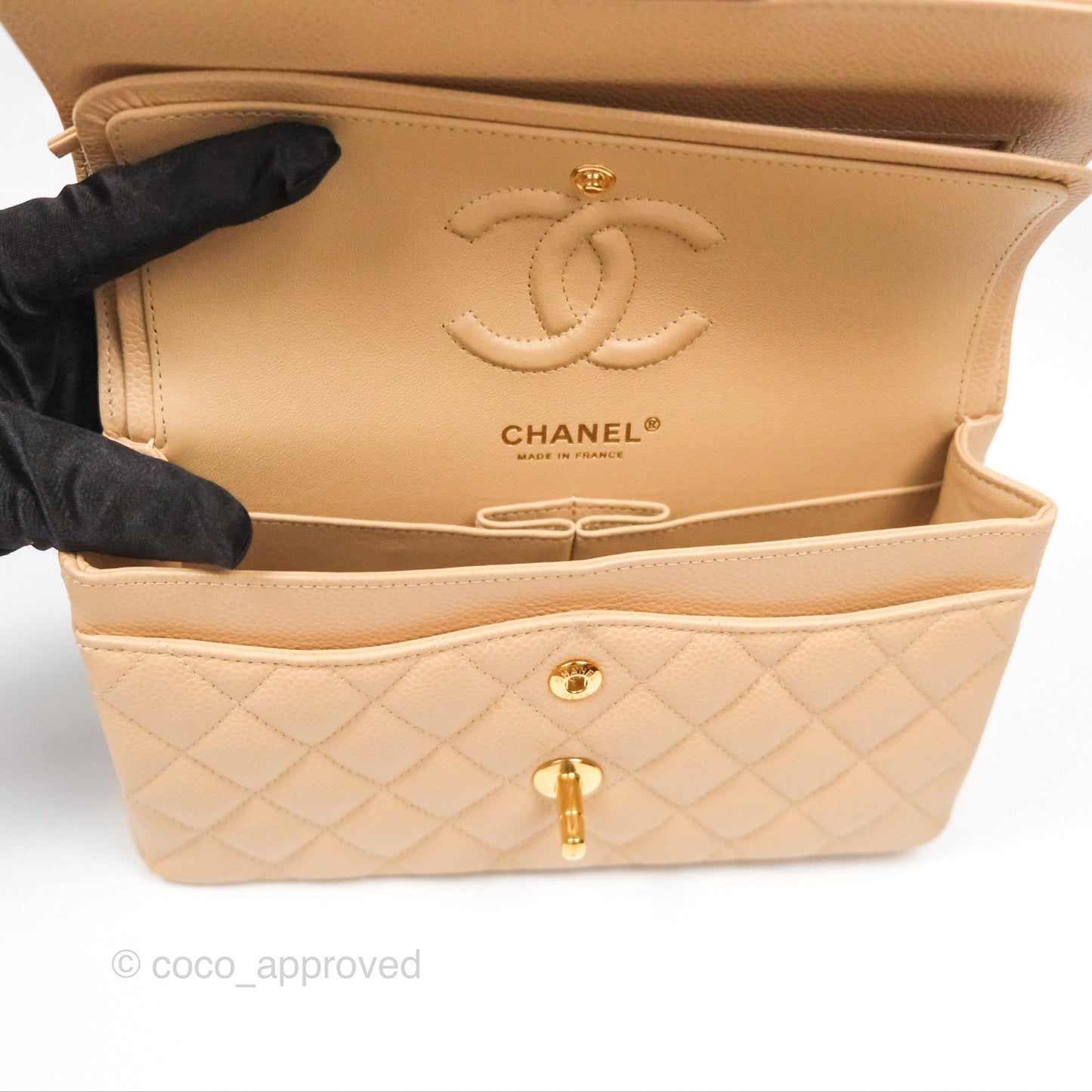 Chanel Small Quilted Classic Flap Beige Caviar Gold Hardware