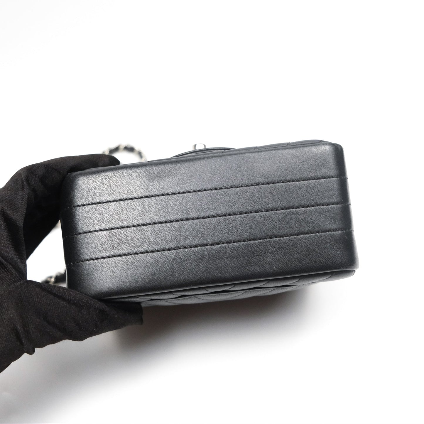 Chanel Mini Square Black Chevron Lambskin Silver Hardware