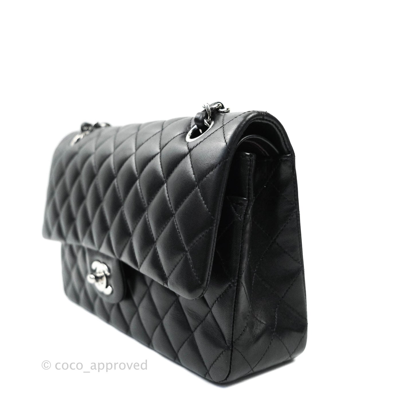 Chanel Classic M/L Medium Double Flap Black Lambskin Silver Hardware