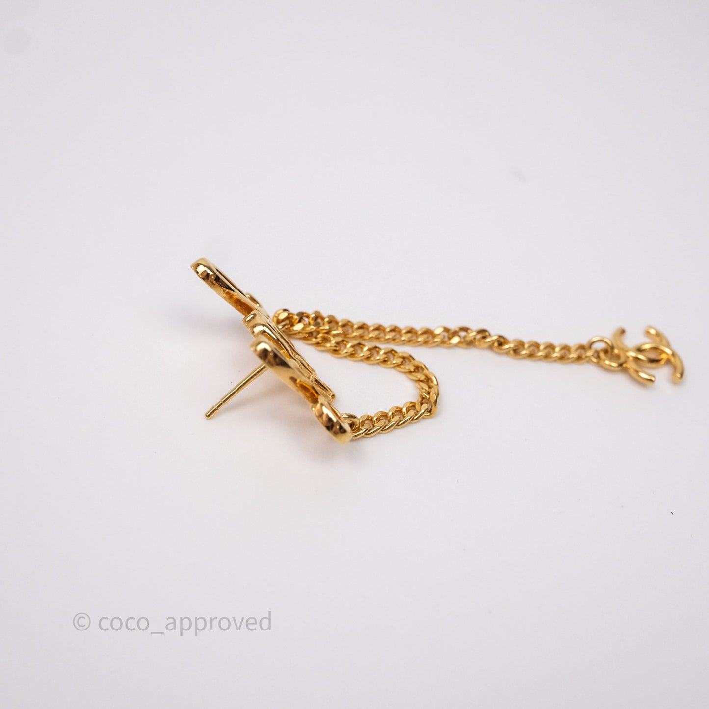 Chanel Metal Logo Drop Chain Earrings Gold Tone 24C