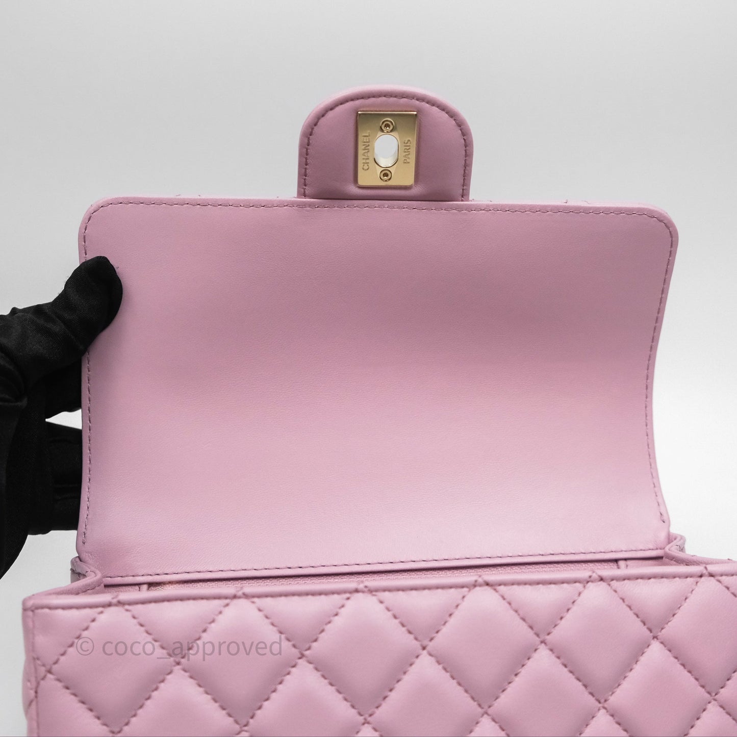 Chanel Logo Top Handle Mini Rectangular Flap Bag Pink Lambskin Gold Hardware