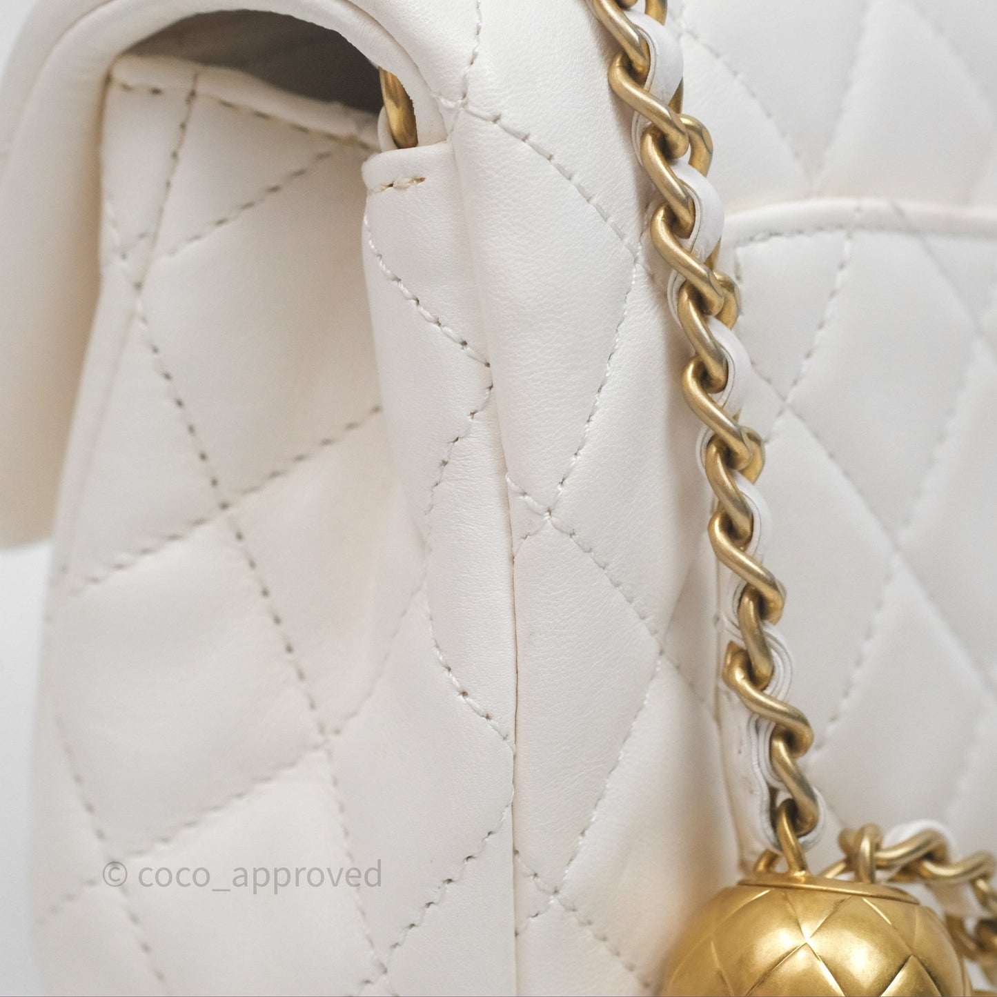 Chanel Mini Rectangular Pearl Crush Quilted White Lambskin Aged Gold Hardware