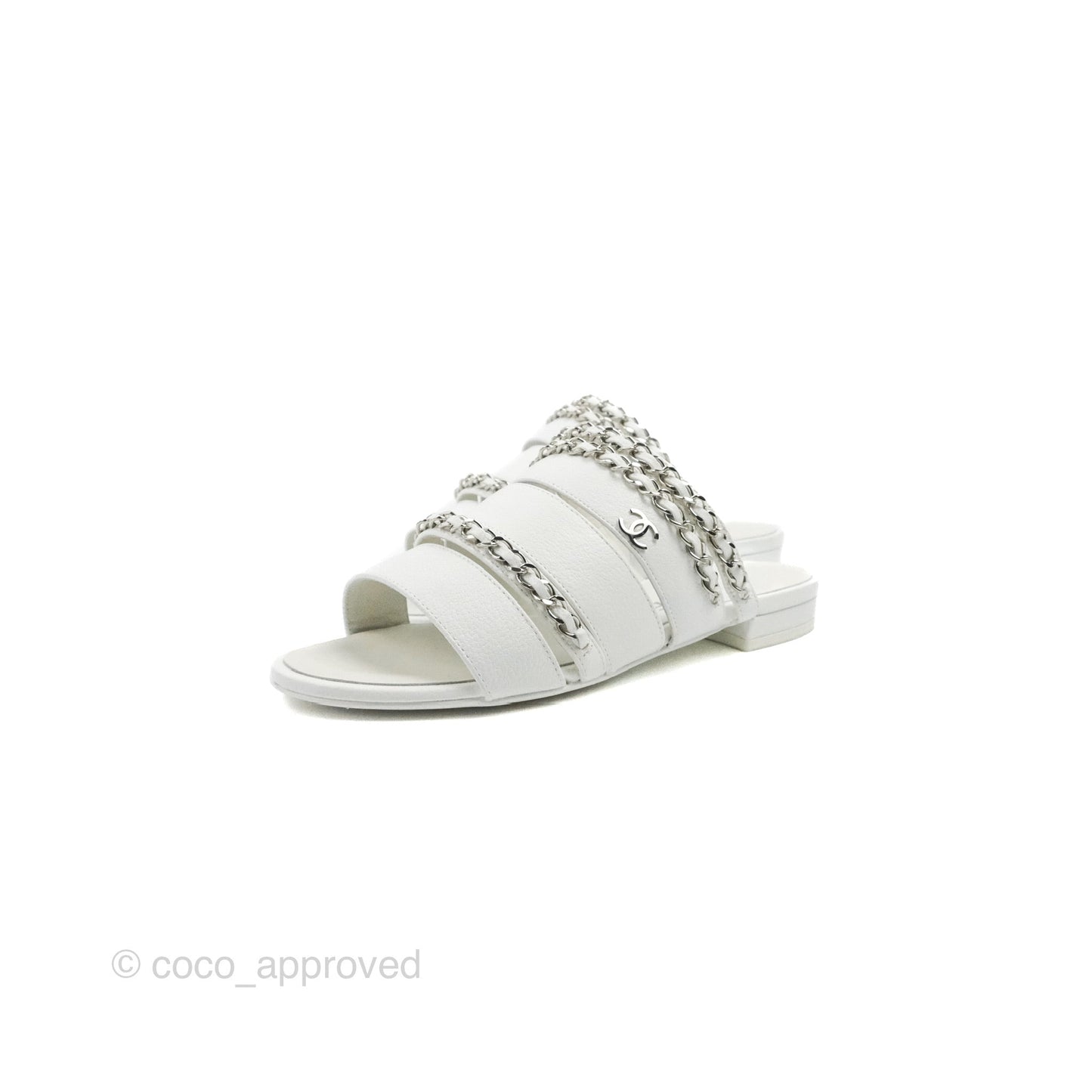 Chanel CC Chain Sandals White Silver Hardware Size 34.5