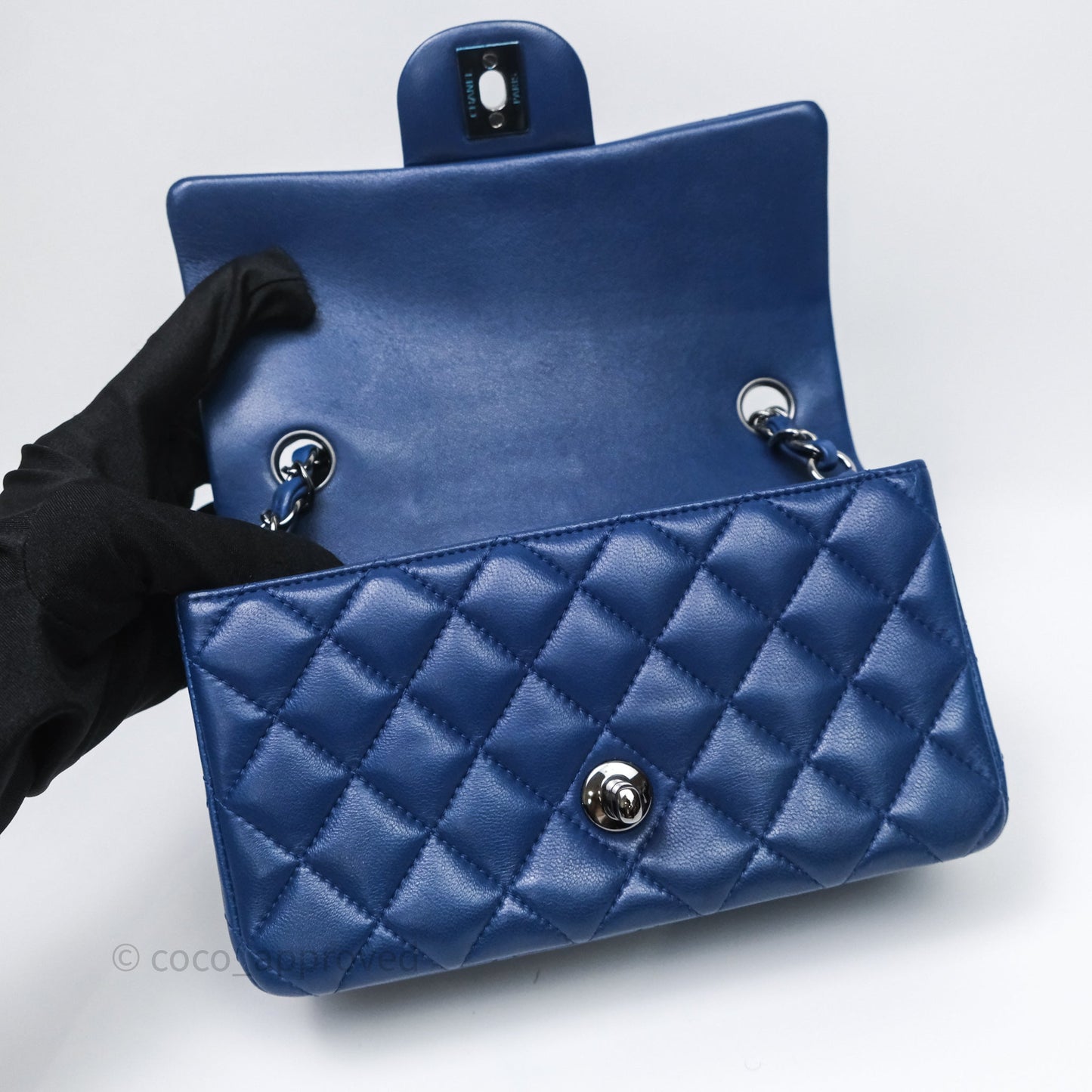 Chanel Mini Rectangular Flap Quilted Navy Lambskin Silver Hardware