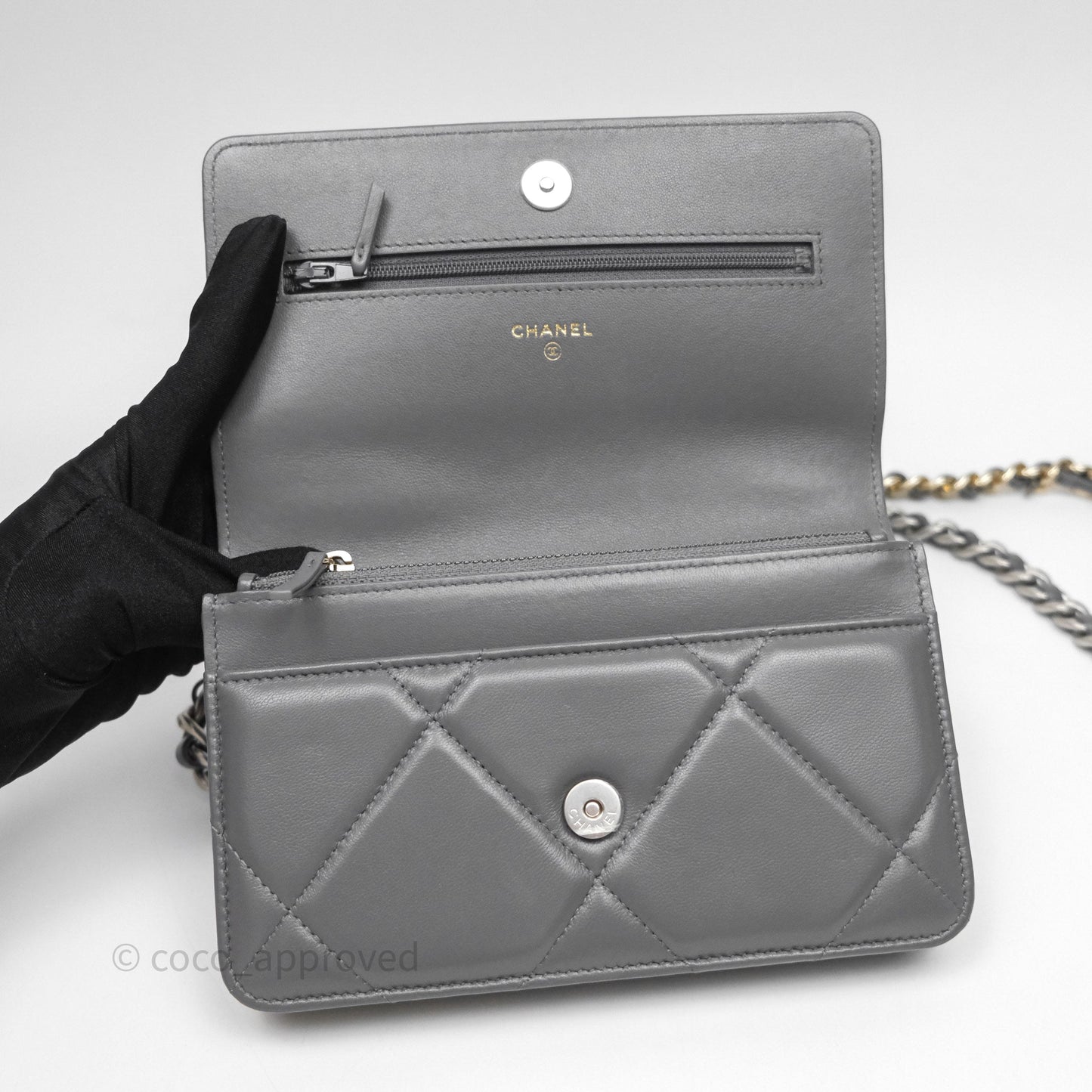 Chanel 19 Wallet on Chain WOC Grey Lambskin Mixed Hardware