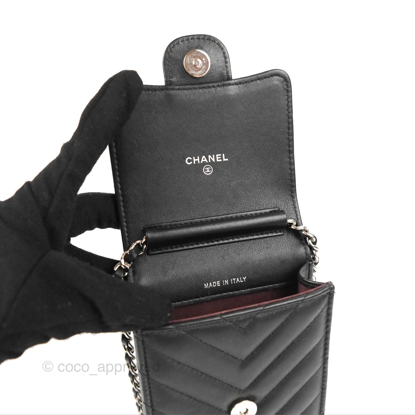 Chanel Classic Chevron Phone Holder Black Calfskin Silver Hardware