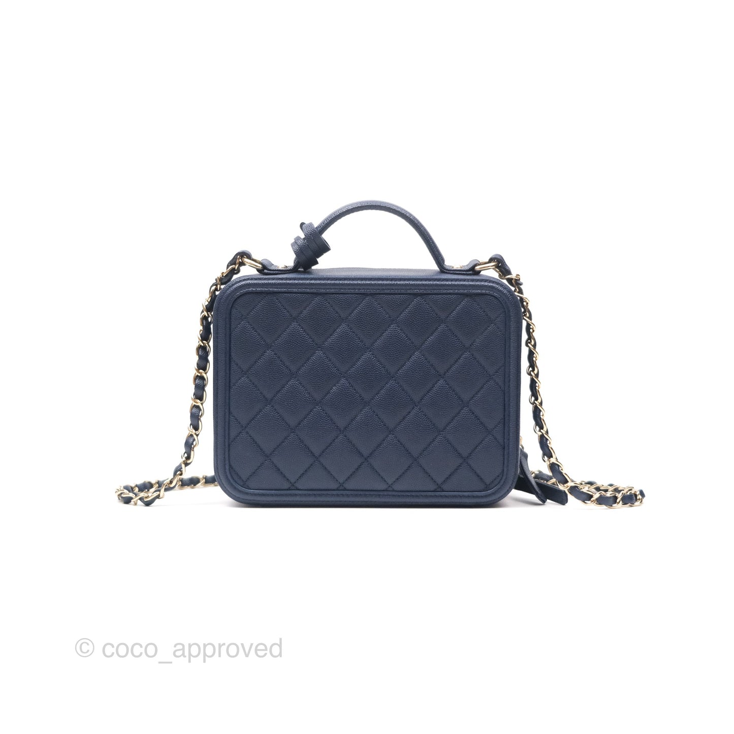 Chanel Quilted Medium CC Filigree Vanity Case Dark Navy Caviar Gold Hardware