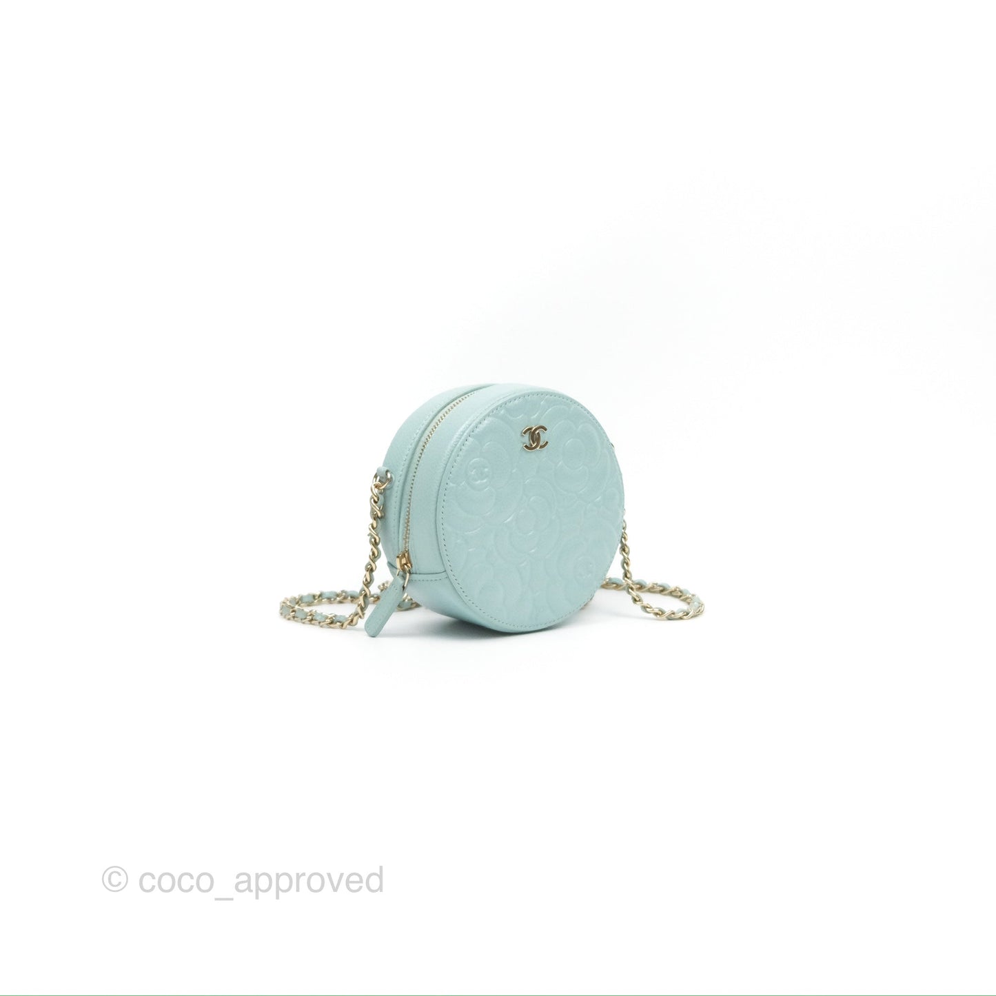 Chanel Camellia Embossed Round Clutch With Chain Light Tiffany Blue Caviar