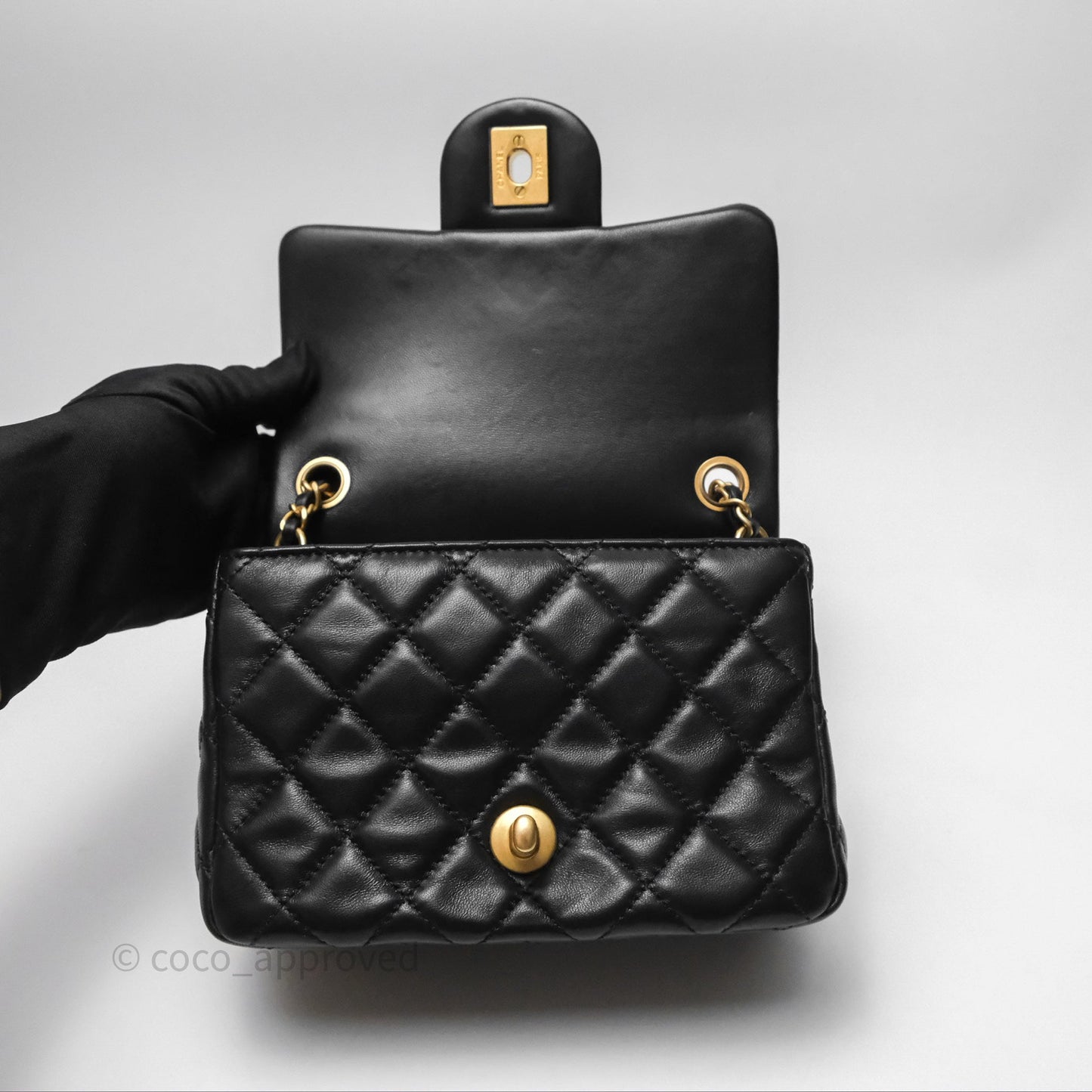 Chanel Pearl Crush Mini Square Quilted Black Lambskin Aged Gold Hardware