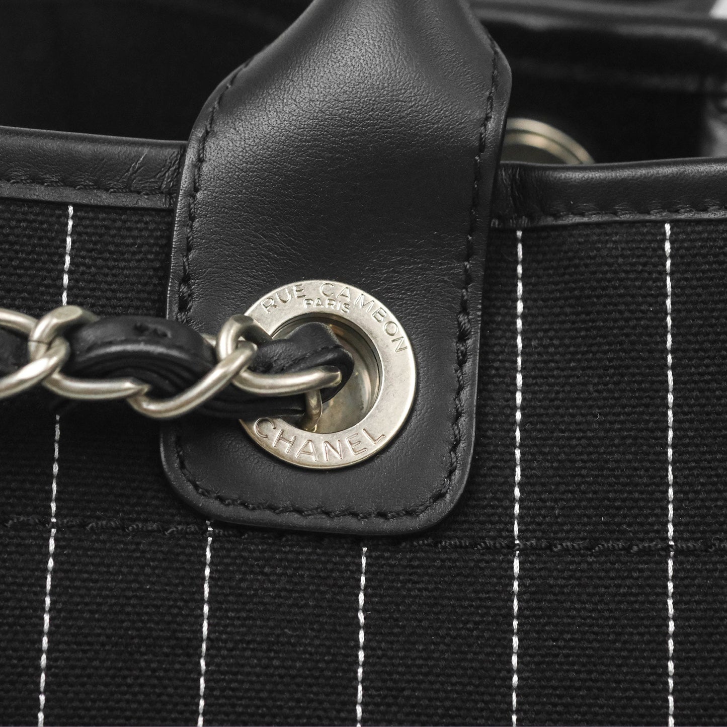 Chanel Large Deauville Black White Striped Canvas Aged Silver Hardware 23S