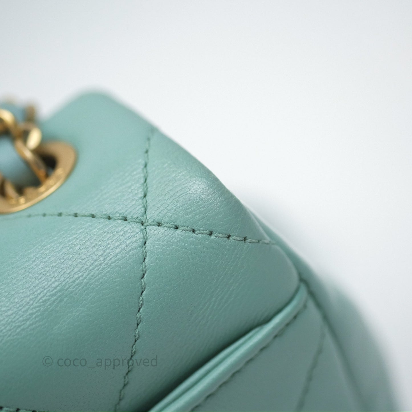 Chanel Quilted Small Circular Handle Bag Mint Green Aged Gold Hardware