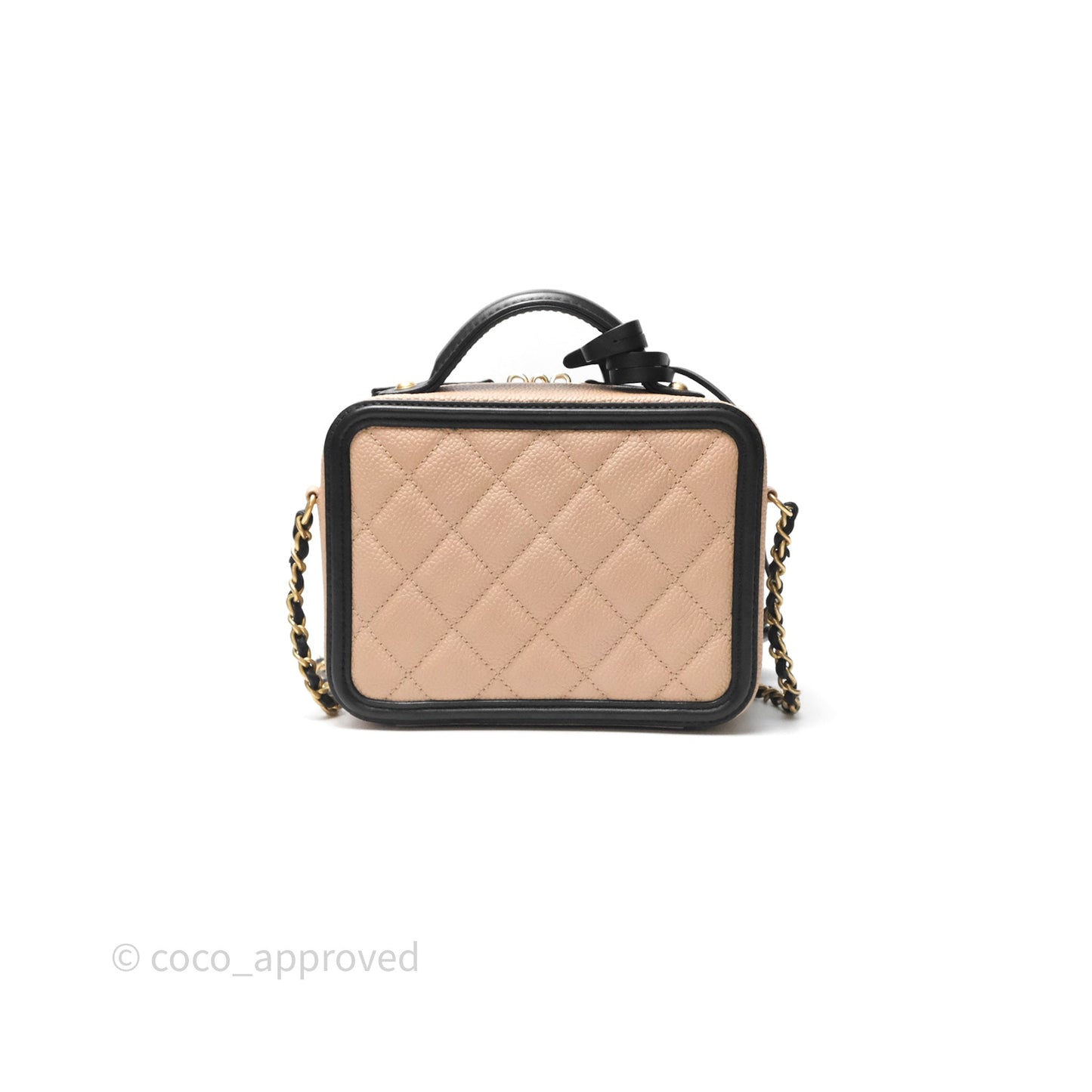 Chanel Quilted Small CC Filigree Vanity Case Beige Black Caviar Gold Hardware