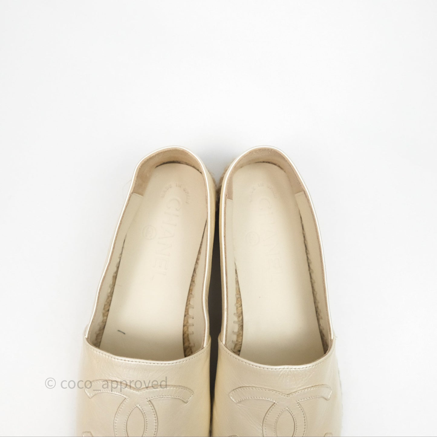 Chanel CC Espadrilles Pearly Ivory Black Leather Size 37