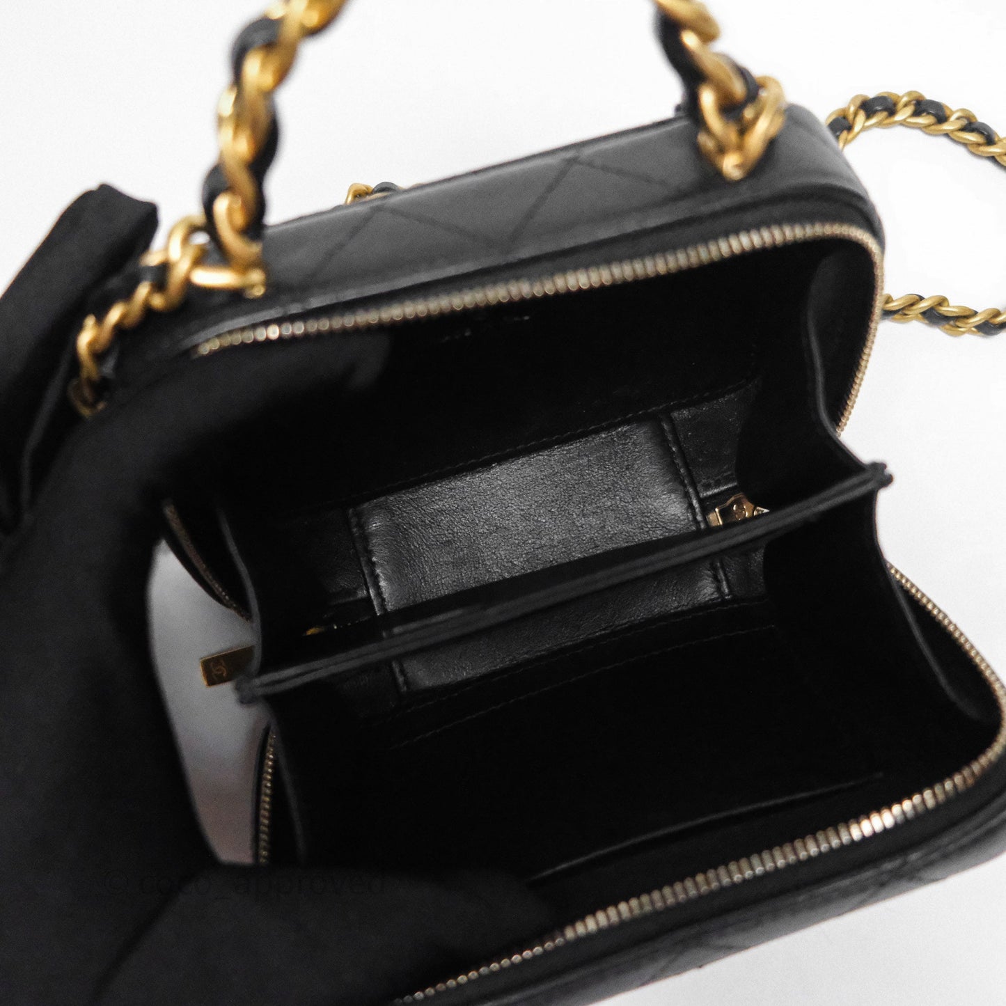 Chanel Top Handle Vanity Case Black Lambskin Aged Gold Hardware 22A