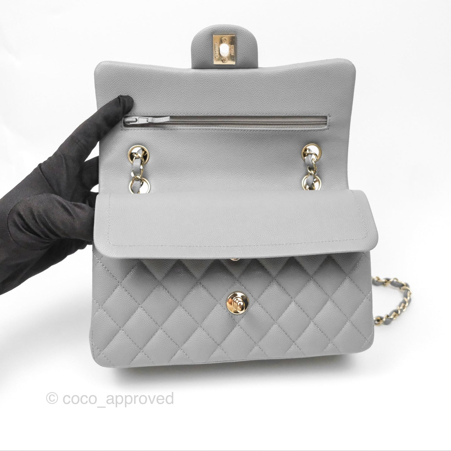 Chanel Small Classic Quilted Flap Grey Caviar Gold Hardware
