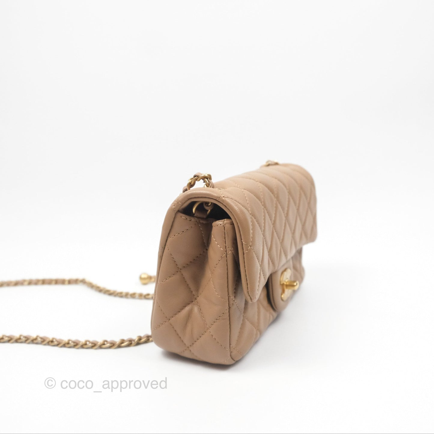 Chanel Mini Rectangular Pearl Crush Quilted Beige Lambskin Aged Gold Hardware
