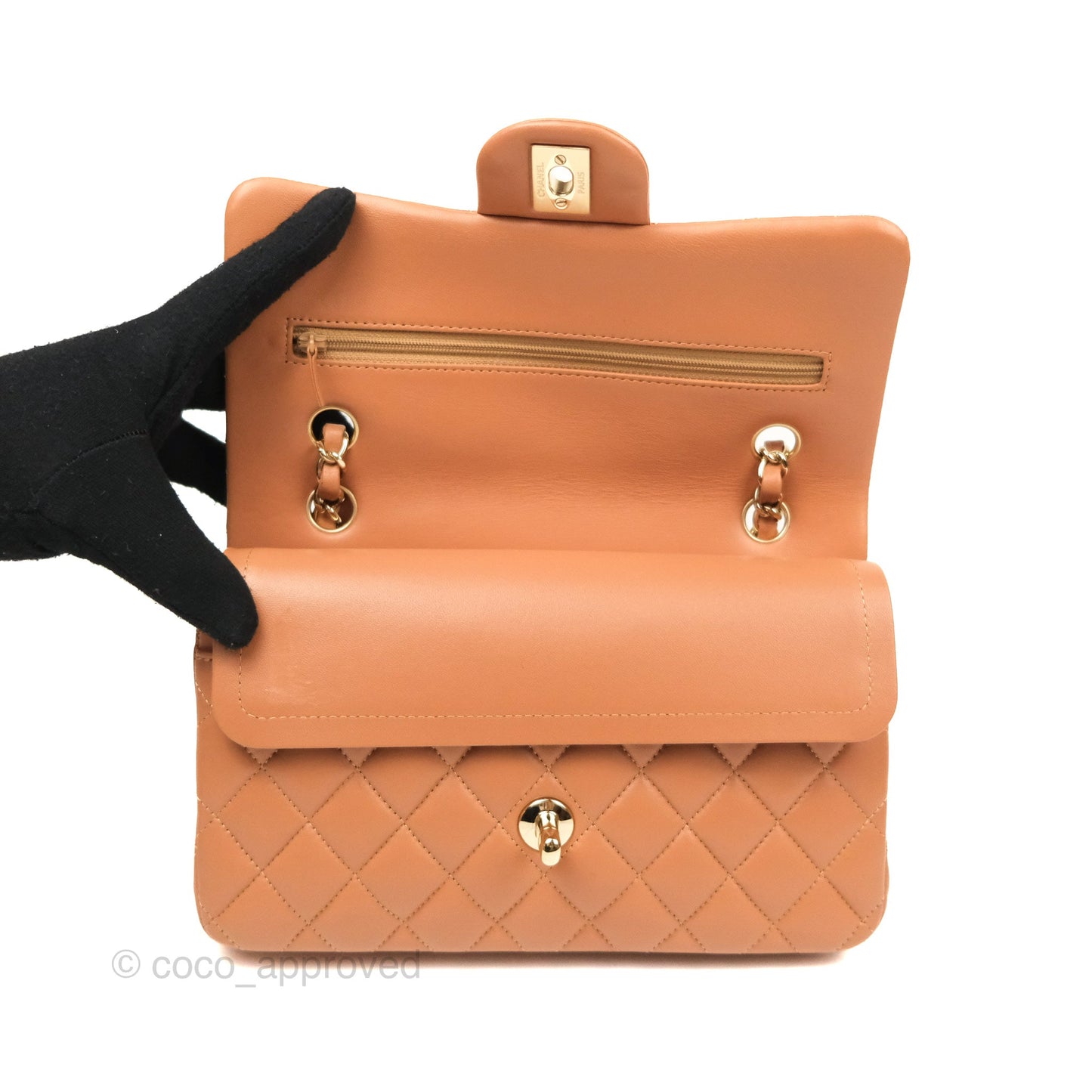 Chanel Small Classic Quilted Flap Dark Beige Caramel Lambskin Gold Hardware