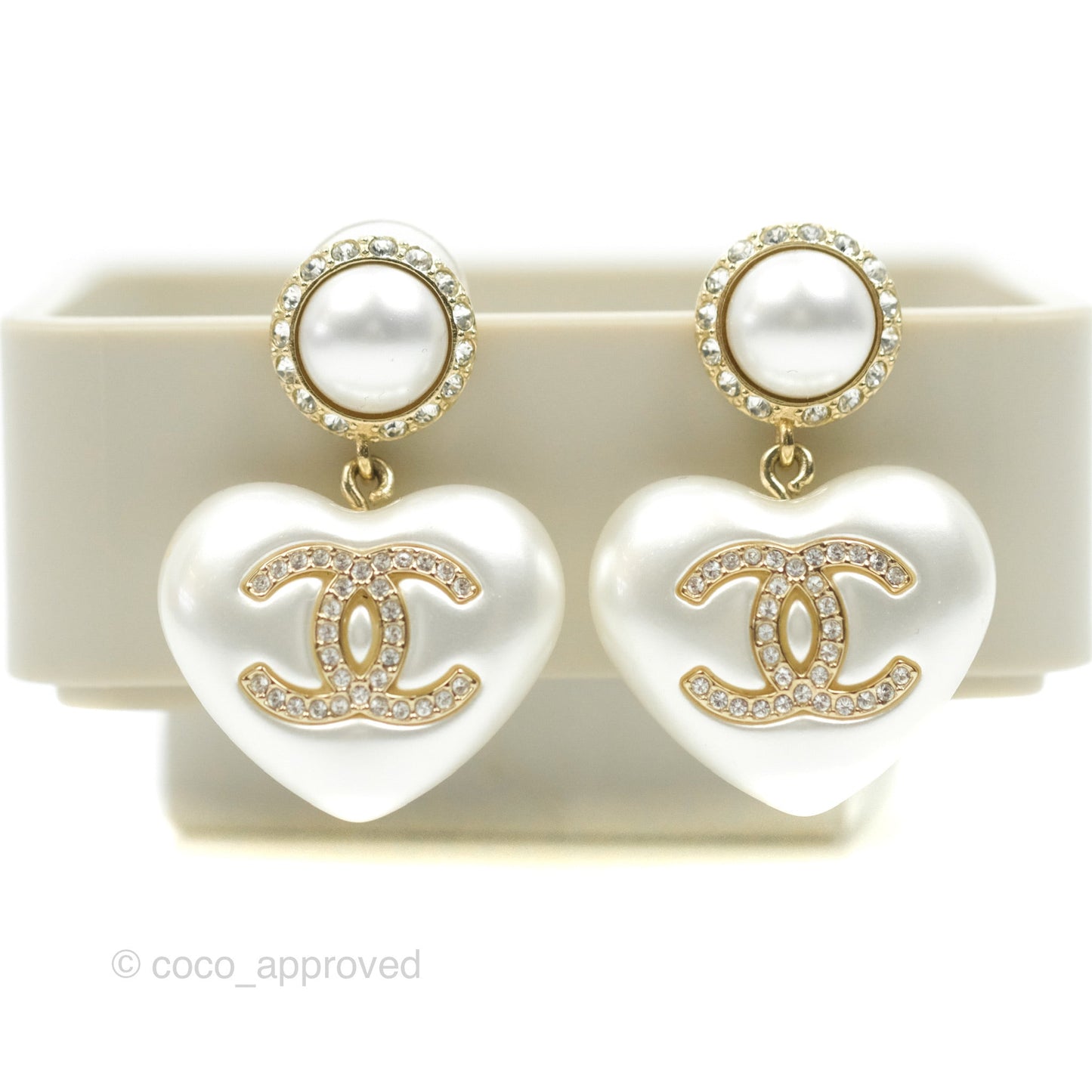 Chanel CC Pearl Heart Drop Earrings Gold Tone 21C