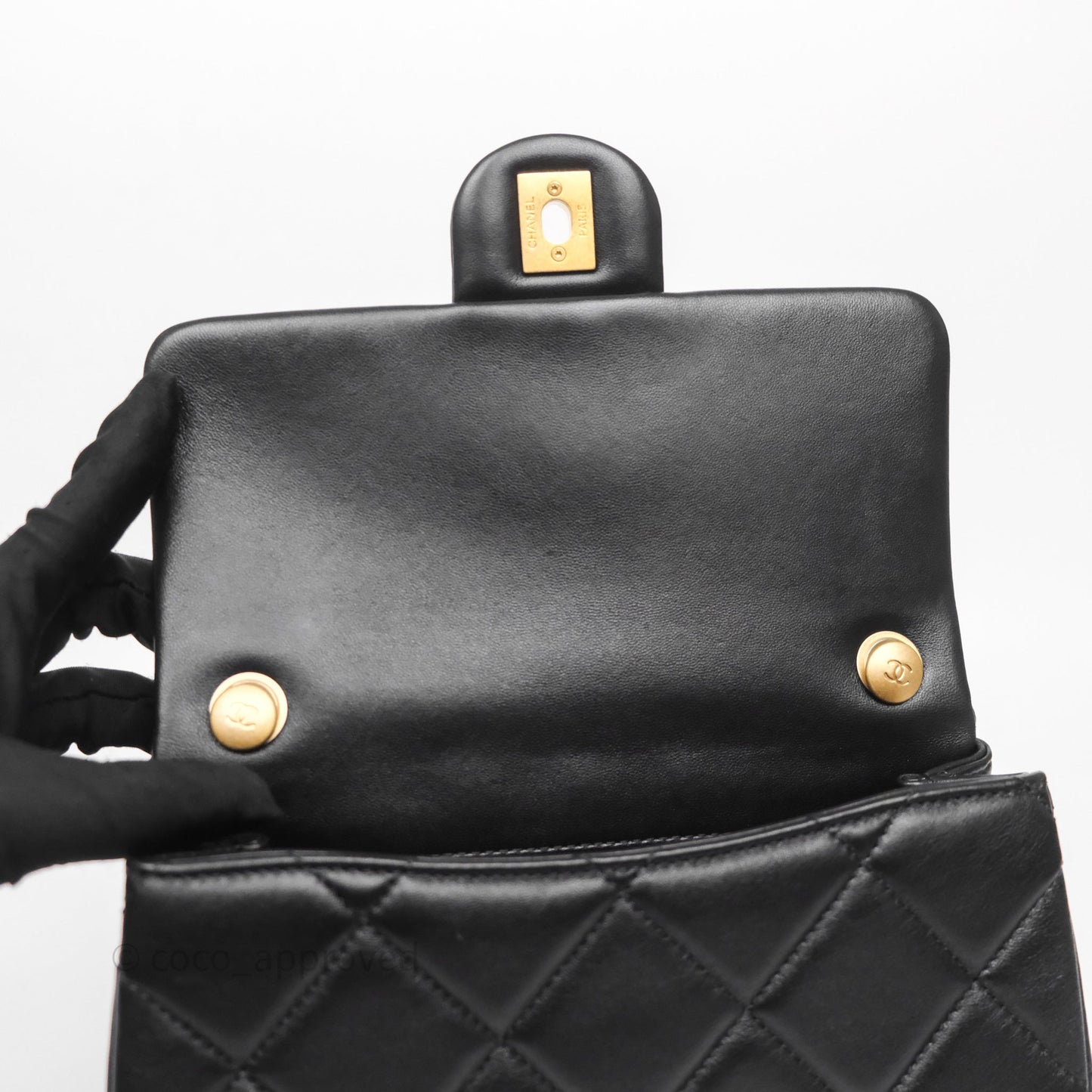 Chanel Quilted Flap Bag with Pearl Chain Black Calfskin Aged Gold Hardware