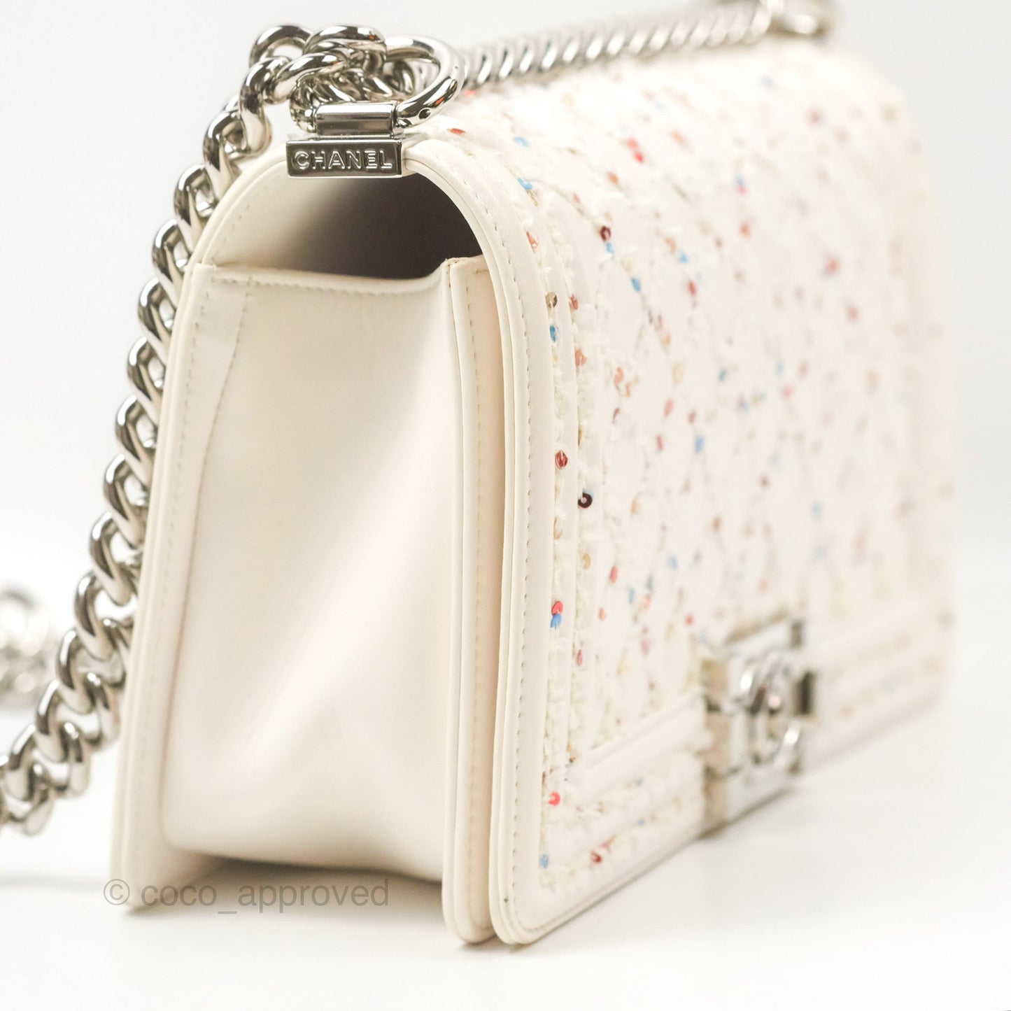 Chanel Medium Boy Sequins Quilted White Lambskin Silver Hardware