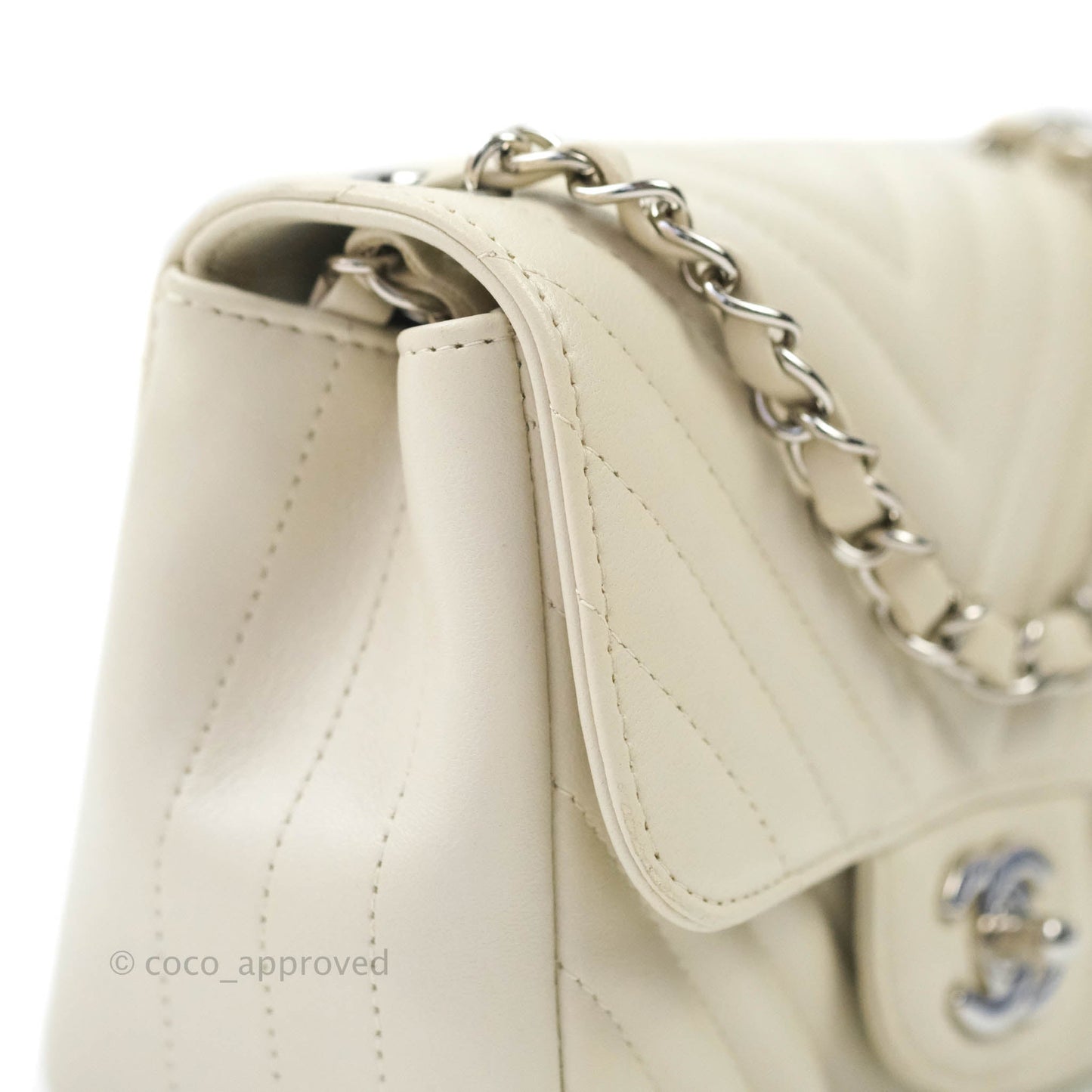 Chanel Mini Square Chevron Ivory Cream Lambskin Silver Hardware