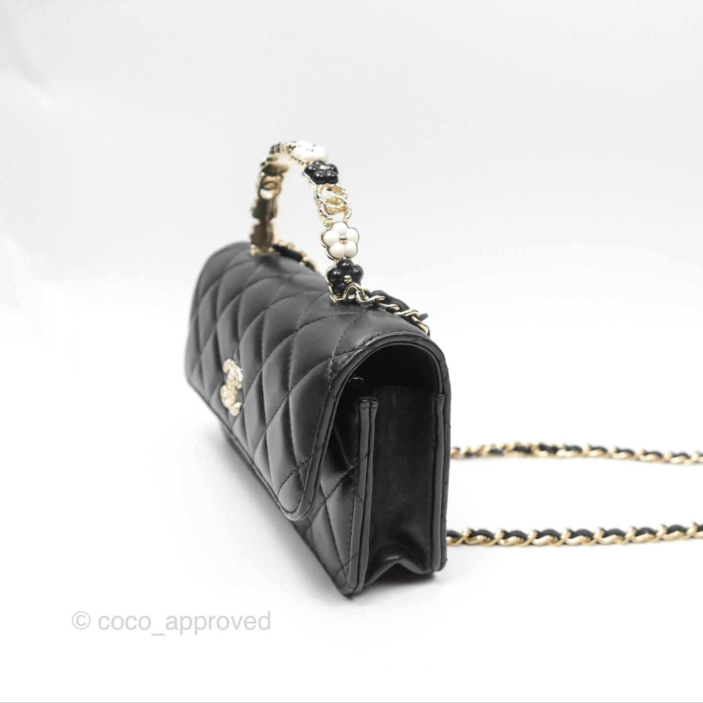 Chanel Camellia Handle Mini WOC Phone Holder with Chain Black Lambskin 23K