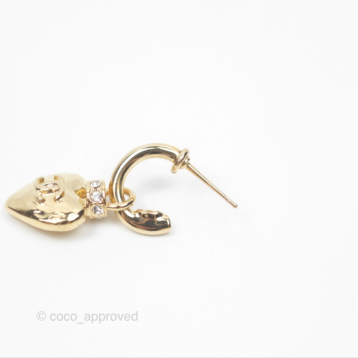 Chanel Heart CC Crystal Drop Hoop Earrings Gold Tone 24P