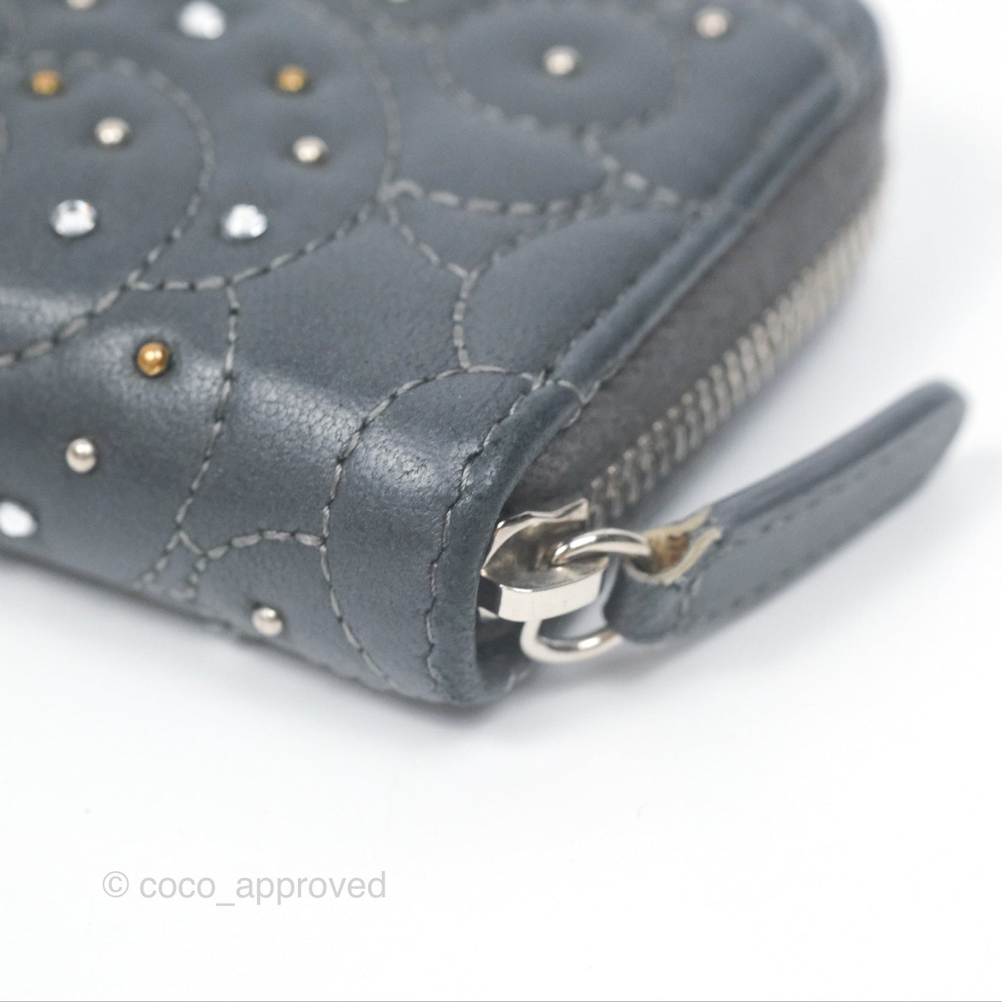 Chanel Camellia Crystal Studded Zipped Coin Purse Grey Silver Hardware
