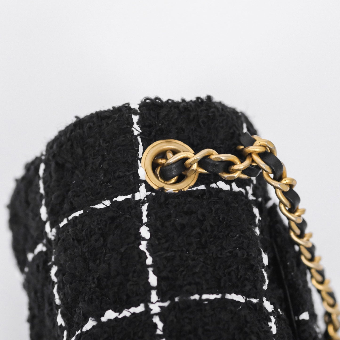Chanel Pearl Crush Mini Rectangular Grid Black White Tweed Aged Gold Hardware