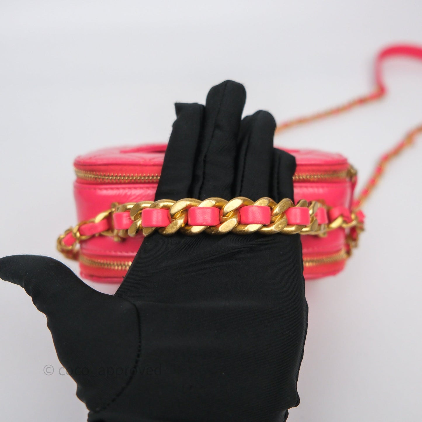 Chanel Small Top Handle Vanity Case Hot Pink Shiny Crumpled Calfskin Aged Gold Hardware