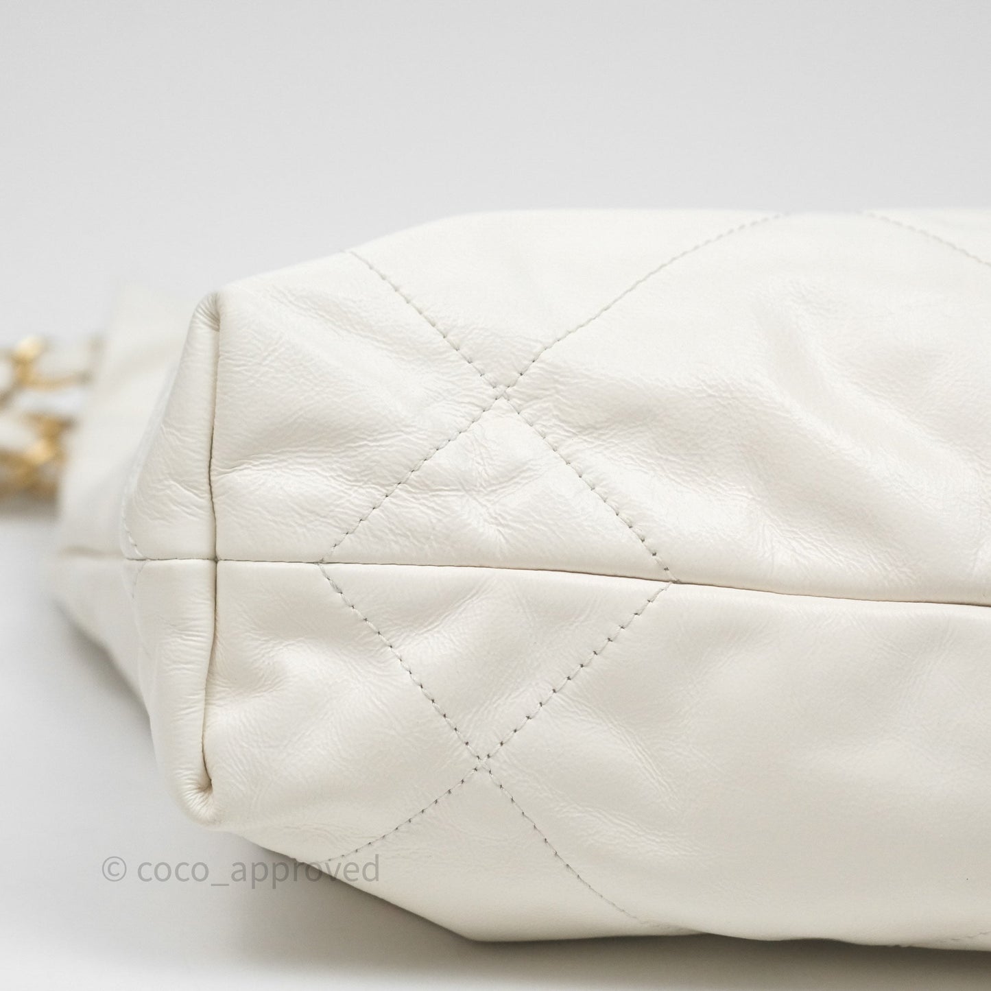 Chanel 22 Small White Aged Calfskin Black Logo Aged Gold Hardware