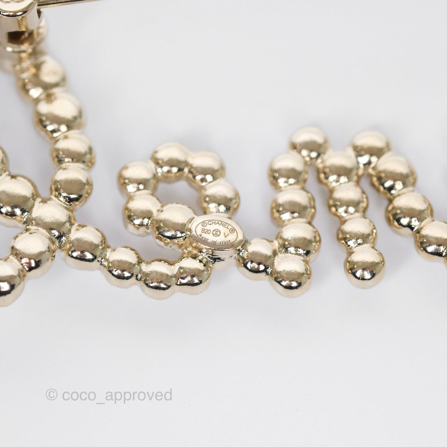 Chanel Logo Pearl Crystal Brooch Gold Tone 20V