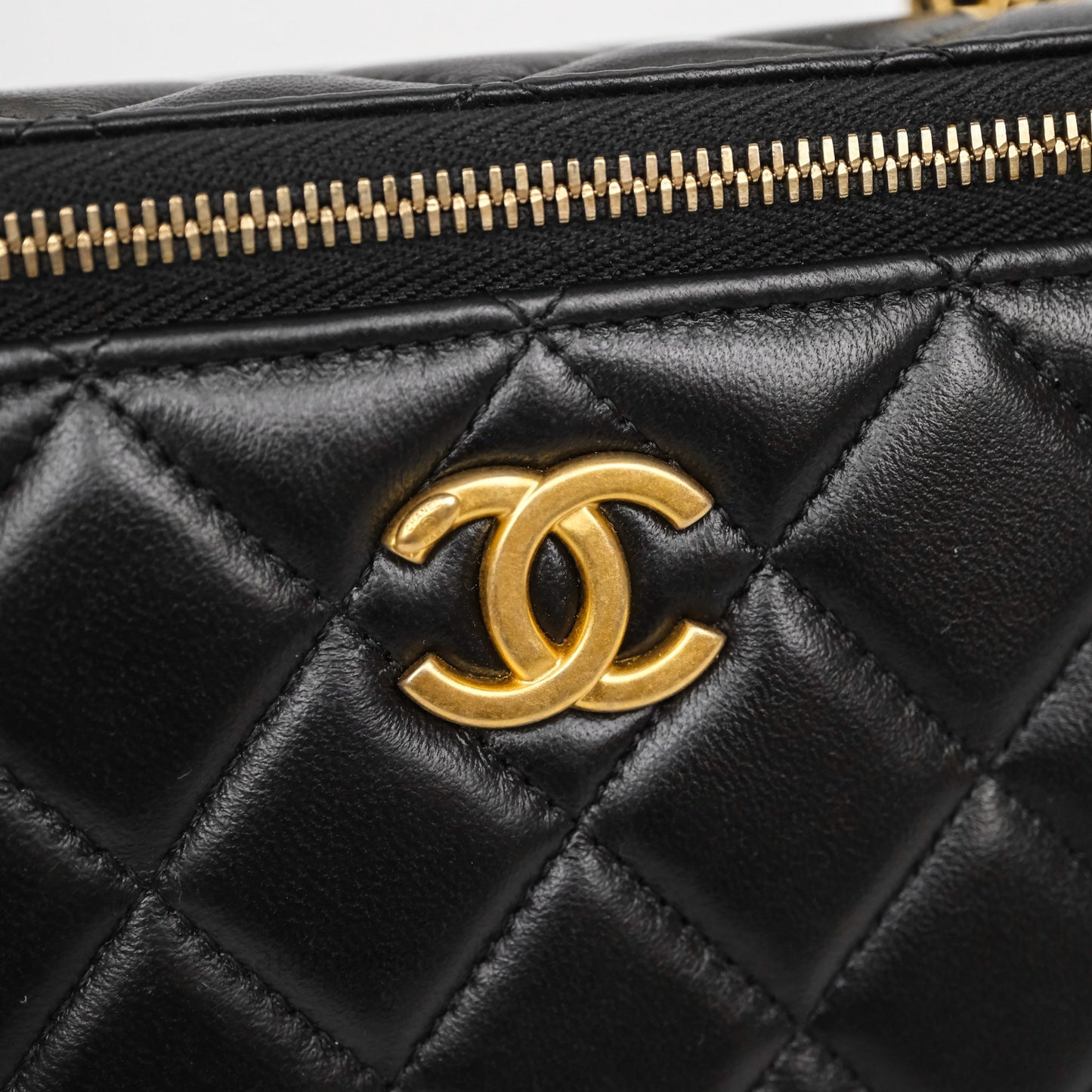 Chanel Top Handle Vanity Rectangular Black Lambskin Aged Gold Hardware