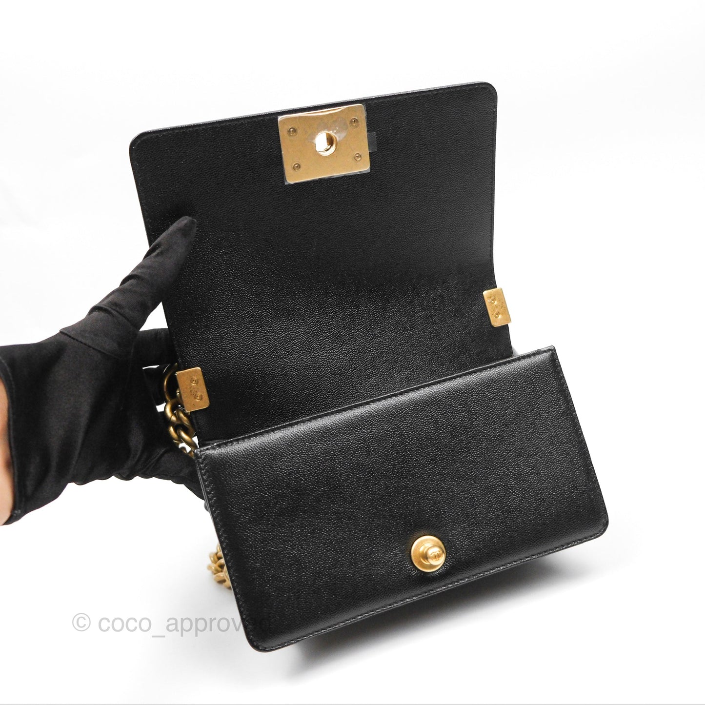 Chanel Small Chain Around Boy Quilted Black Caviar Aged Gold Hardware
