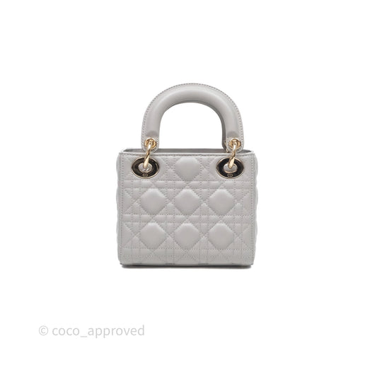 Christian Dior Mini Lady Dior Gray Lambskin Cannage Diamonds Gold Hardware
