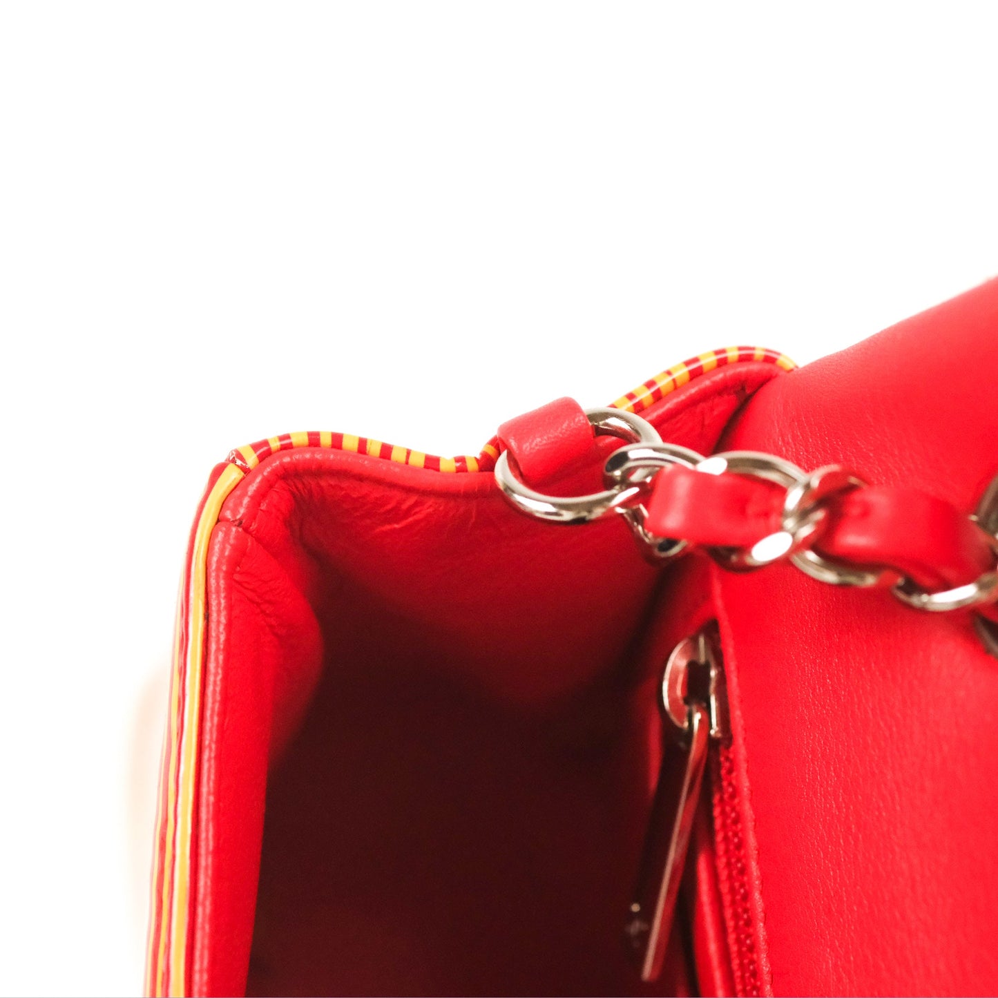 Chanel Mini Rectangular Flap Bag Orange Red Striped Patent Silver Hardware