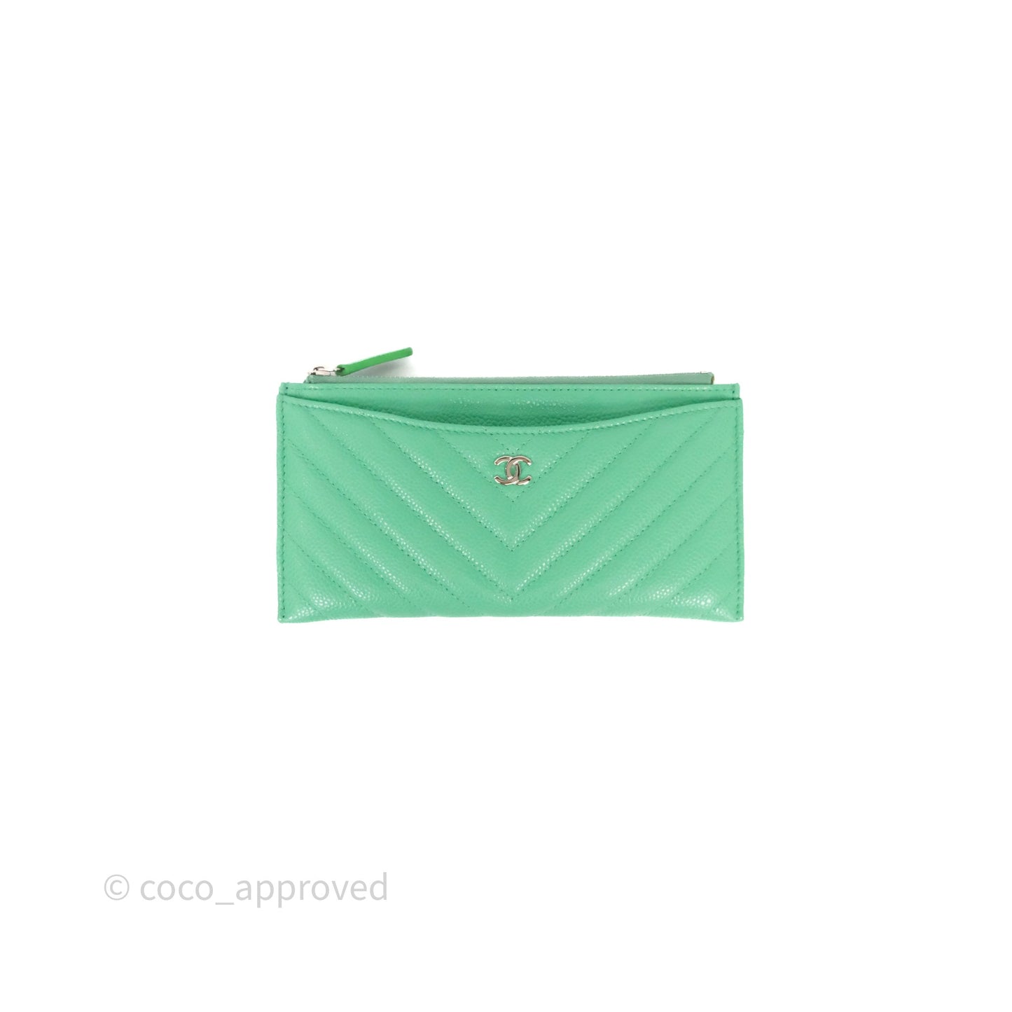 Chanel Long Zip Chevron Green Wallet Silver Hardware