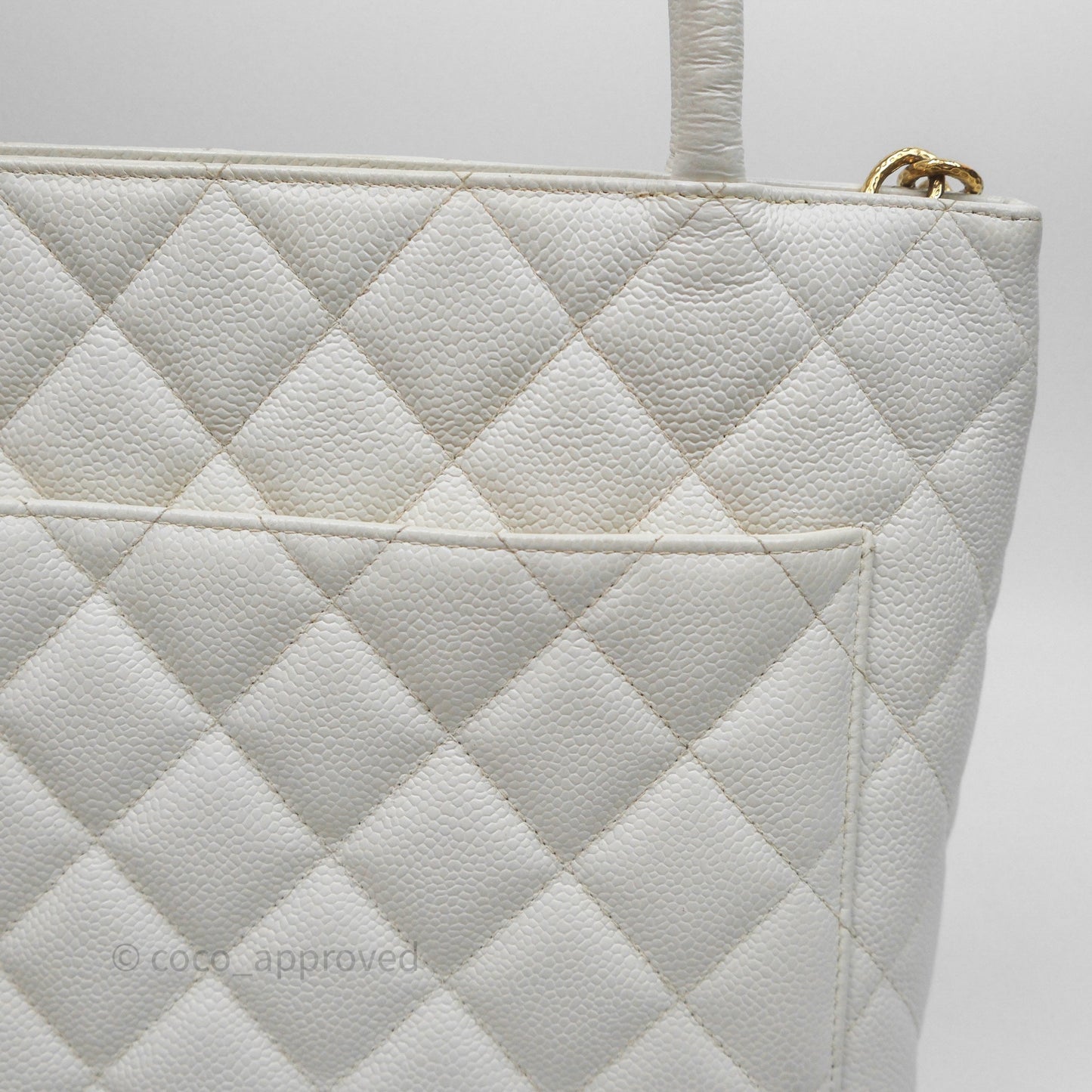 Chanel Vintage Medallion CC White Caviar Tote Bag Gold Hardware