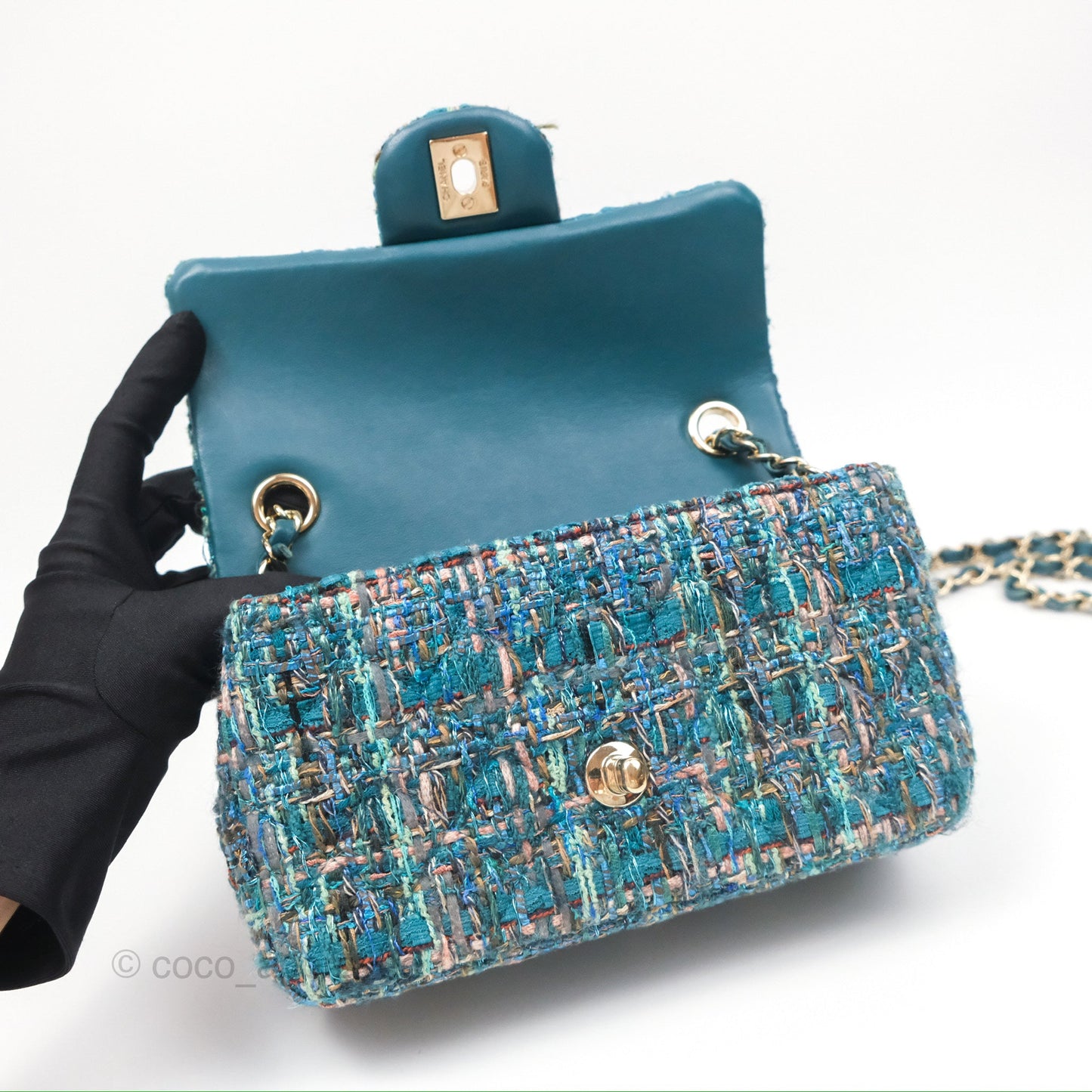 Chanel Mini Rectangular Flap Teal Tweed Gold Hardware