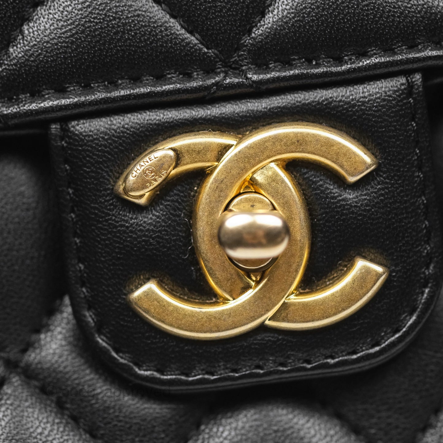 Chanel Flap Bag with Logo Enamel Chain Black Lambskin 22B