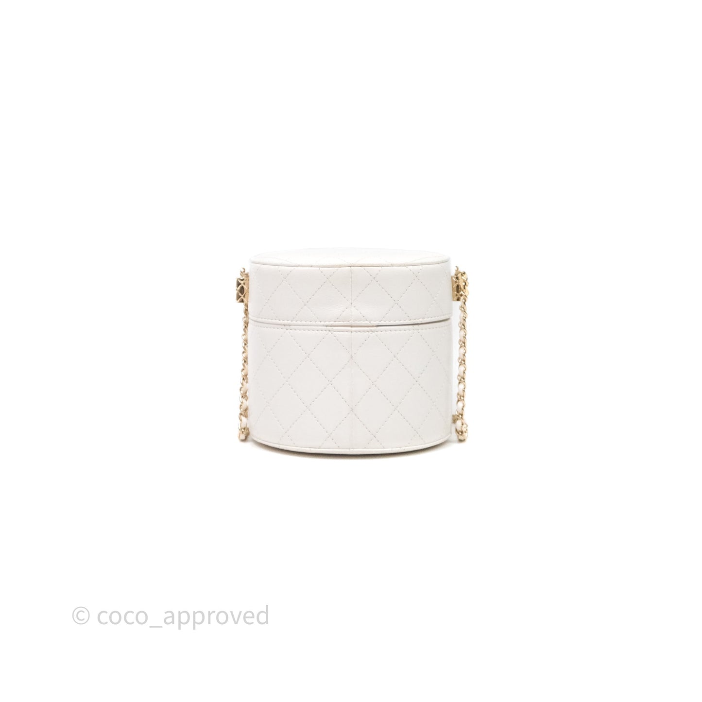 Chanel Quilted Round Vanity Clutch With Chain White Lambskin Gold Hardware