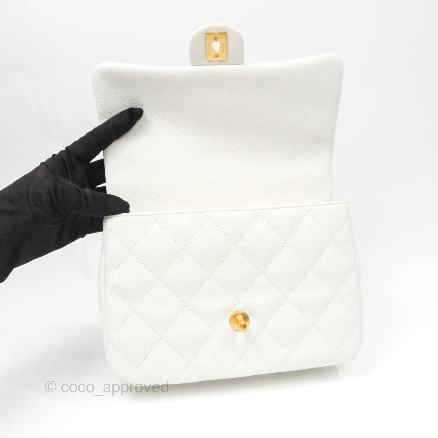 Chanel Large Flap Bag Heart Adjustable Chain White Caviar Aged Gold Hardware