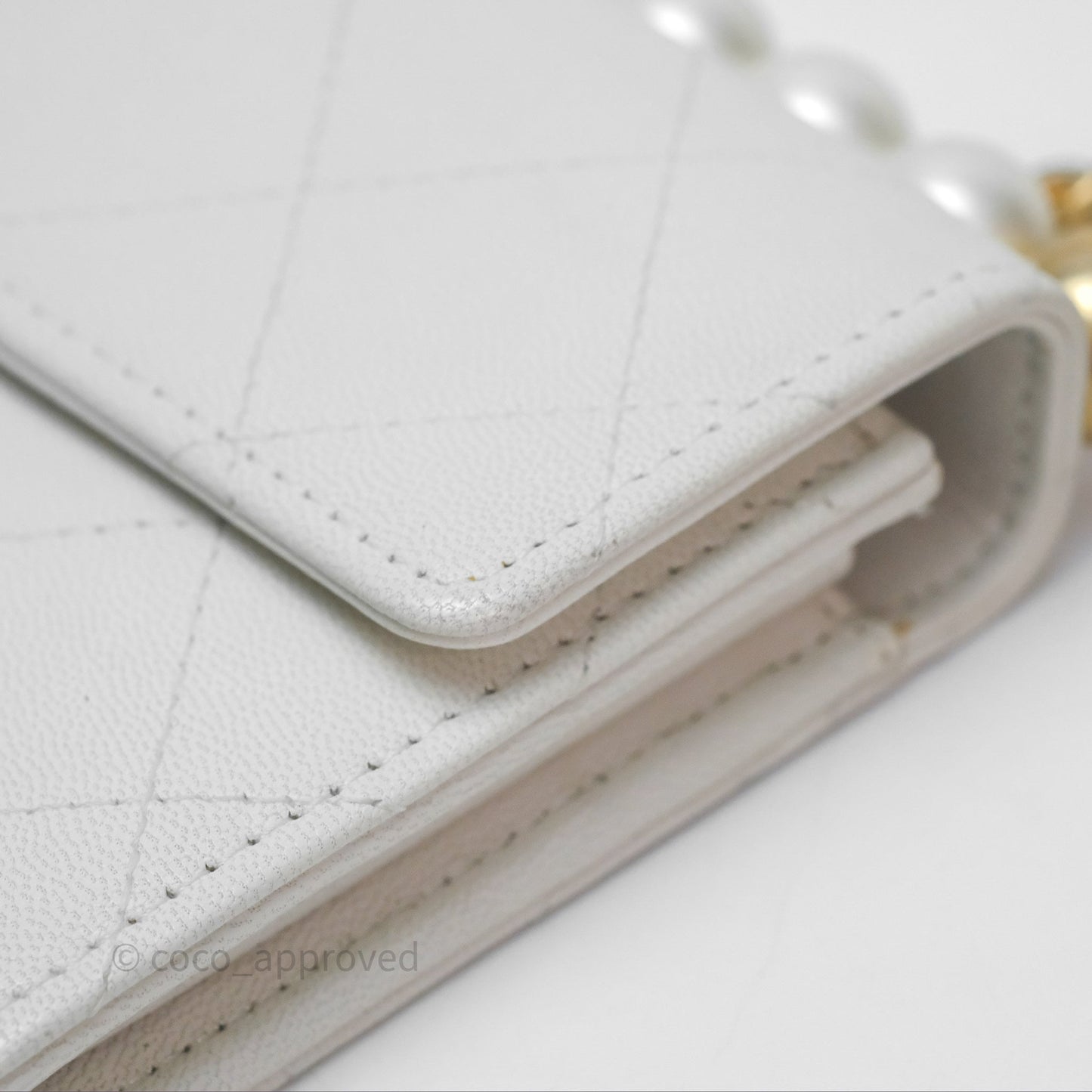 Chanel Quilted Mini Chic Pearls Flap Wallet On Chain WOC White Goatskin Aged Gold Hardware